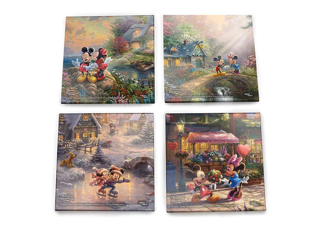 Disney Mickey And Minnie Mouse Glass Coaster - Sweetheart Collection - Thomas Kinkade - Comes With Stylish Modern Wooden Holder