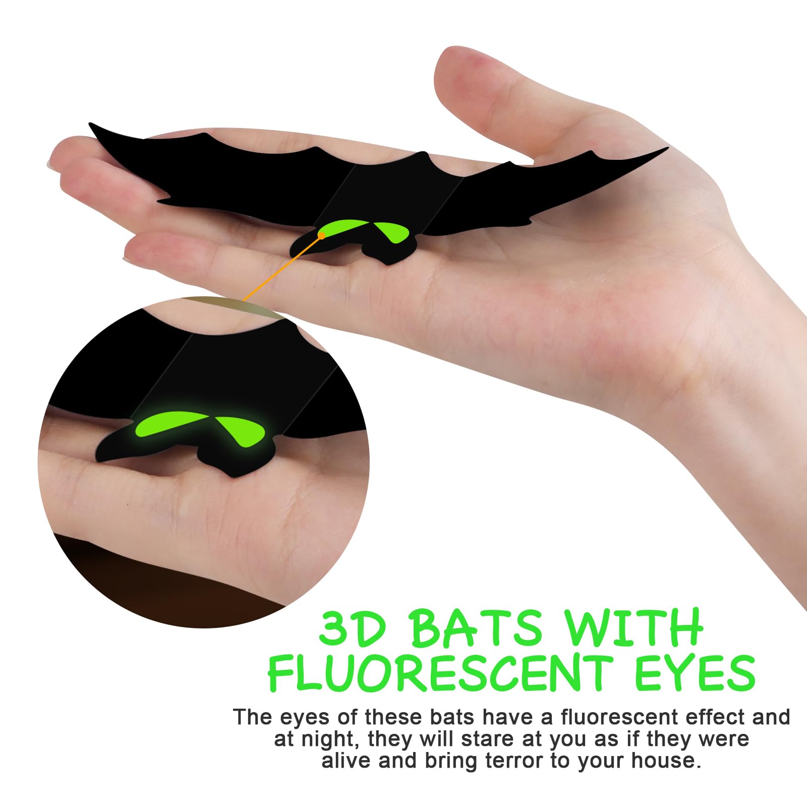 Fopinoa 3D Halloween Bats, 144 Pcs Bats Halloween Decor 4 Size Glow Bats Decorations Sticker Decals For Halloween Home Room Wall