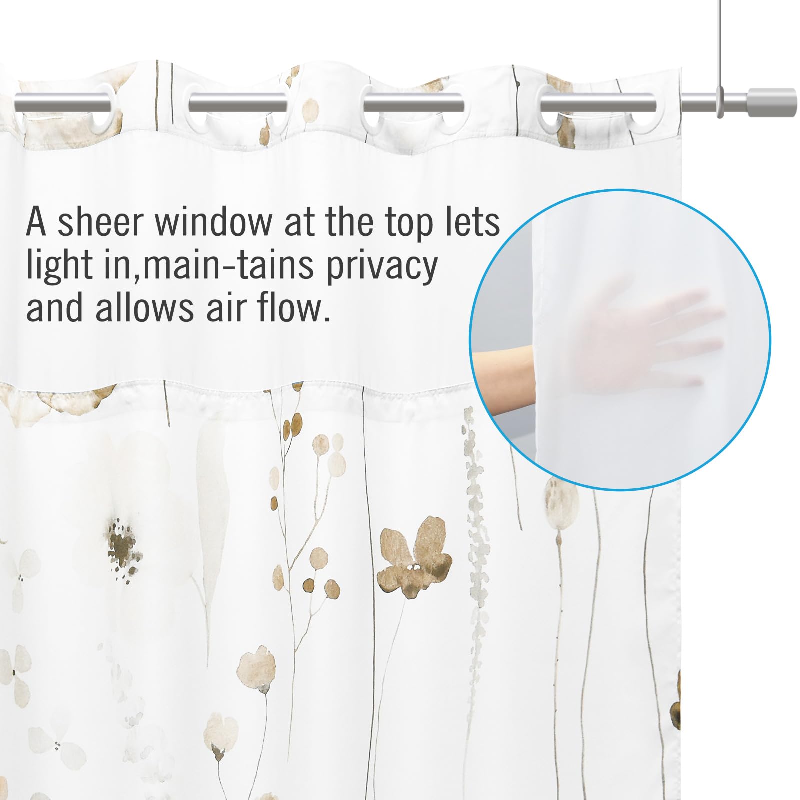 Withloc No Hook Shower Curtain With Snap In Liner - Floral Shower Curtain - Fabric Waterproof Inner Liner, Plants Watercolor Bei