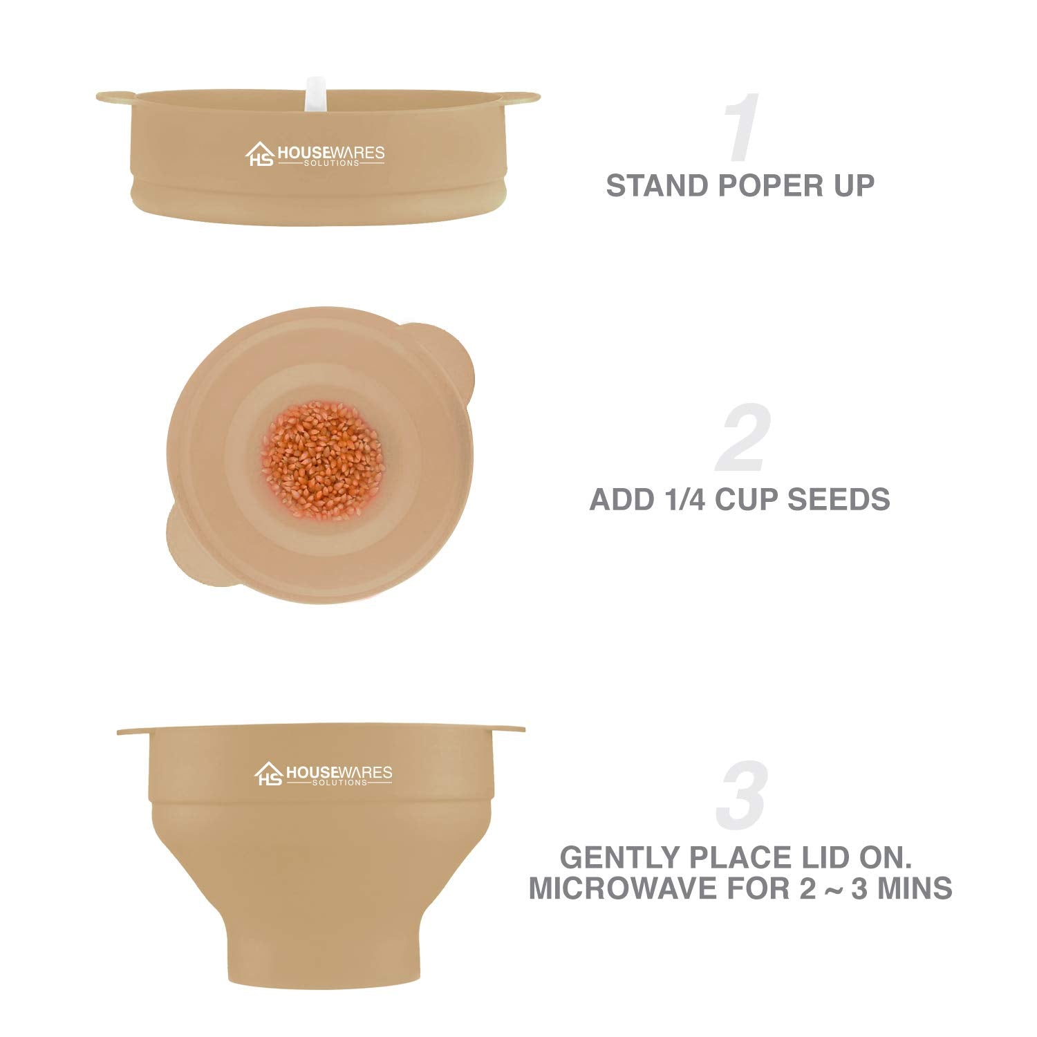 Collapsible Silicone Microwave Hot Air Popcorn Popper Bowl With Lid And Handles (Tan)