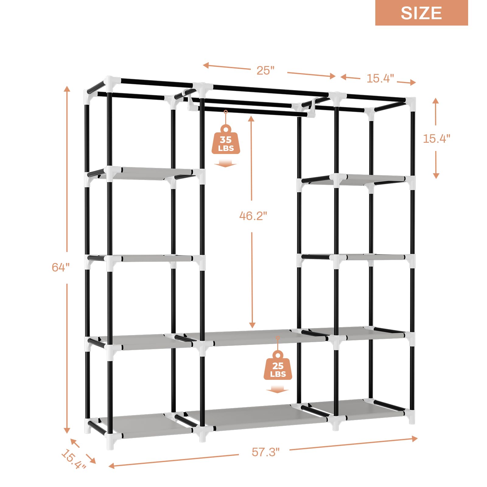 Vtrin Portable Closet Wardrobe For Hanging Clothes 57.3 Inch Large Capacity Clothes Rack With Cover, 10 Storage Organizer Shelve