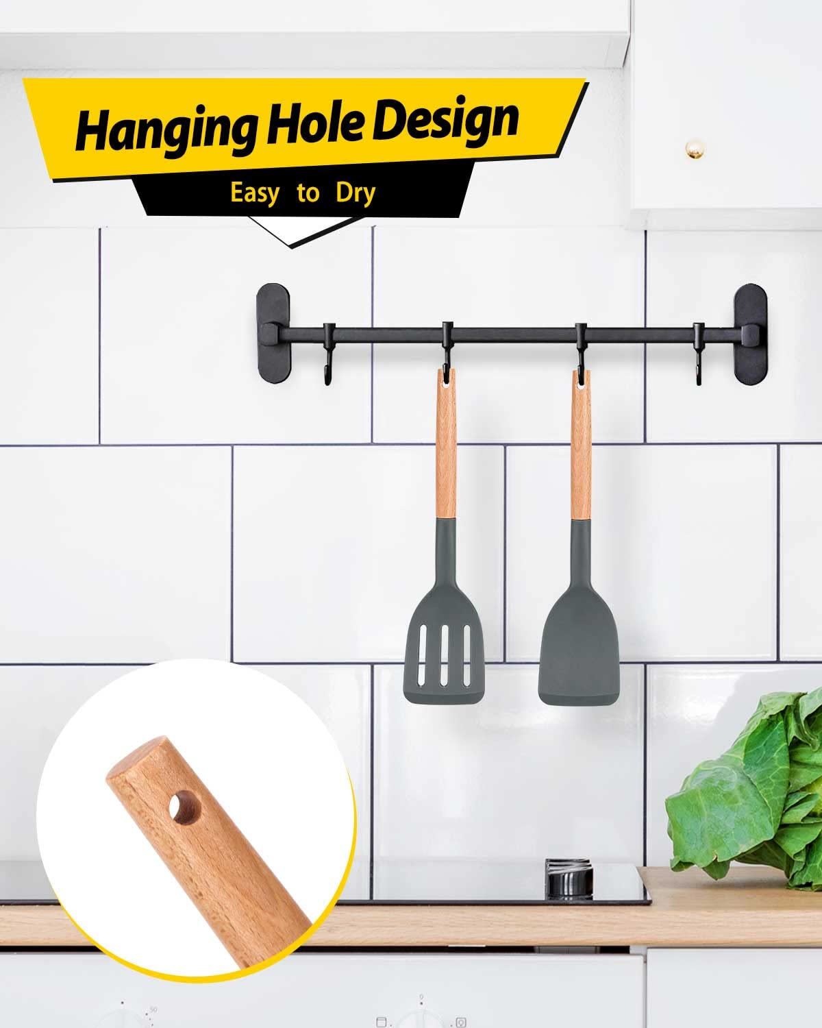 Pack Of 2 Silicone Cooking Spatula, Heat Resistant Solid Turner, Non Stick Slotted Spatulas With Wooden Short Handle,Ideal Wood