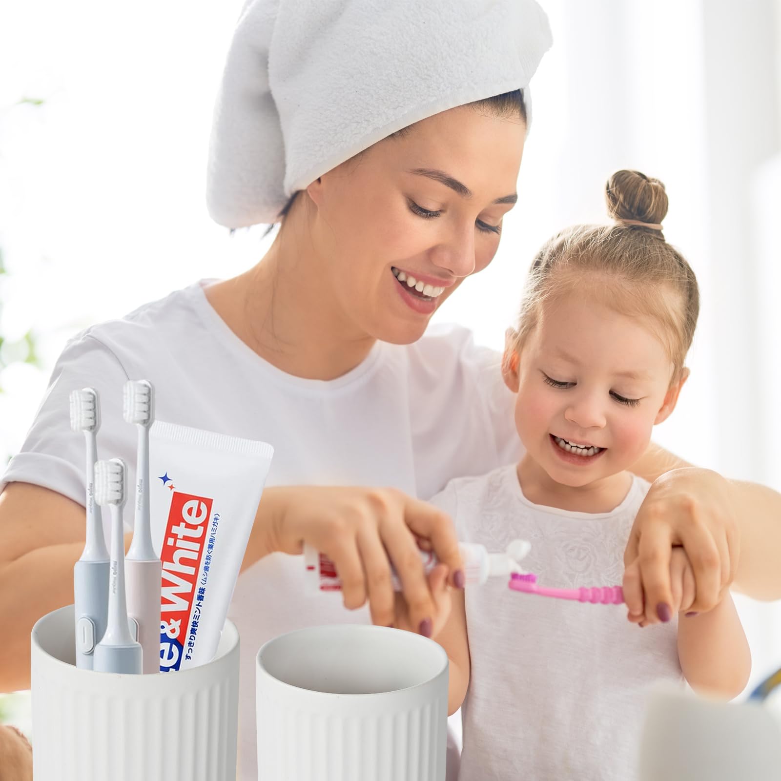 White Toothbrush Holders For Bathrooms - 2 Cups Ceramic Toothbrush Toothpaste Holders Set, White Bathroom Tumbler Cups Reusable