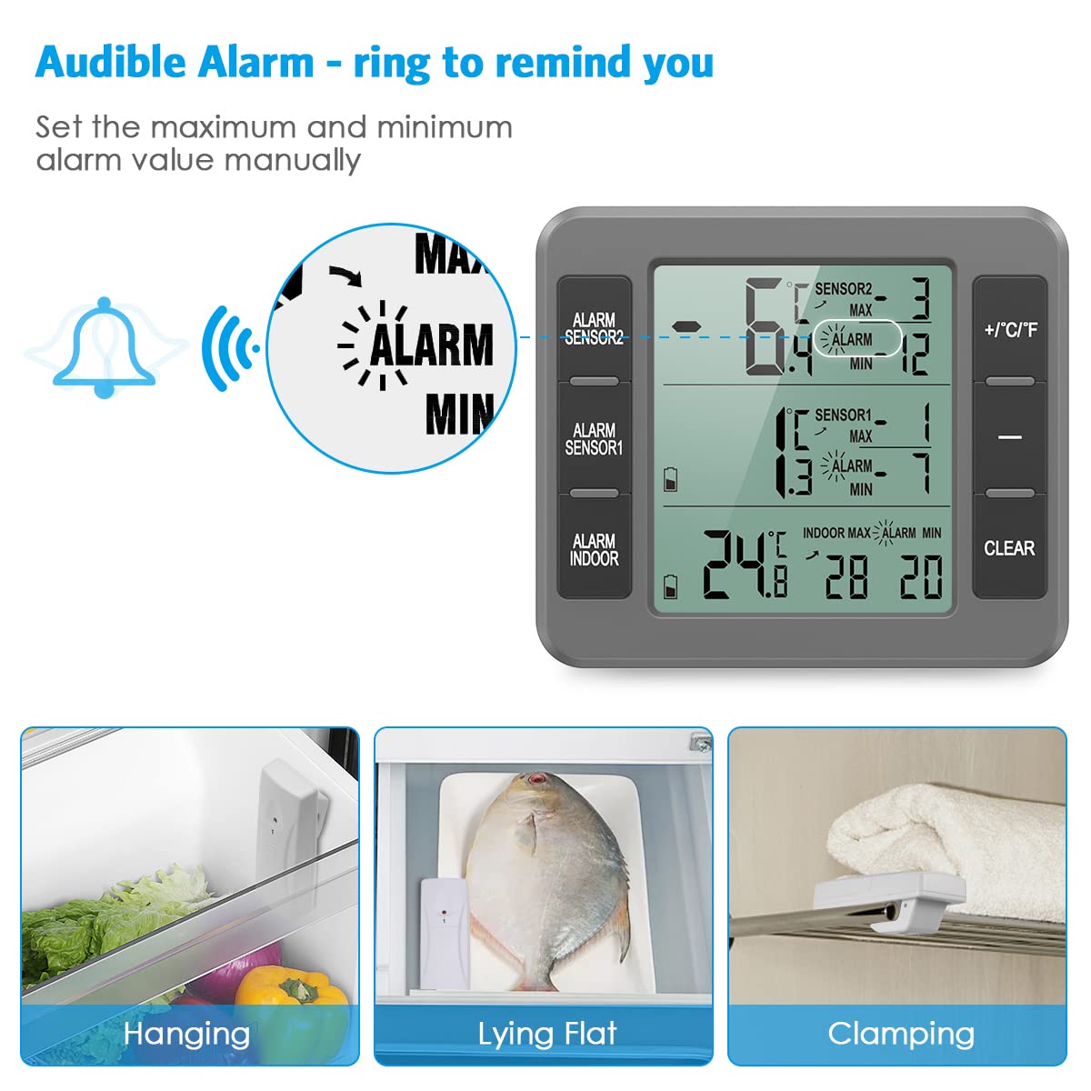 Amir Upgraded Refrigerator Thermometer, Wireless Indoor Outdoor Thermometer, Sensor Temperature Monitor With Audible Alarm Tempe