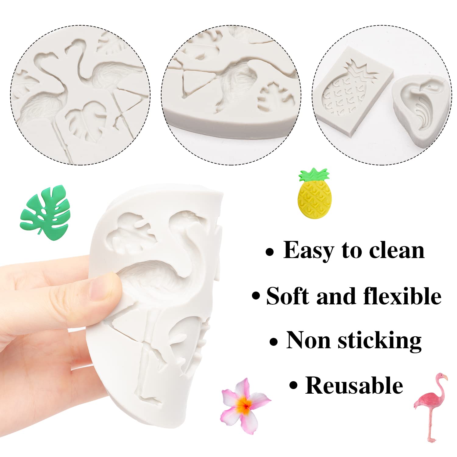 Zainpe 13Pcs Hawaiian Tropical Cake Decoration Flamingo Fondant Molds Pineapple Rain Forest Leaves Tree Theme Candy Chocolate Mo