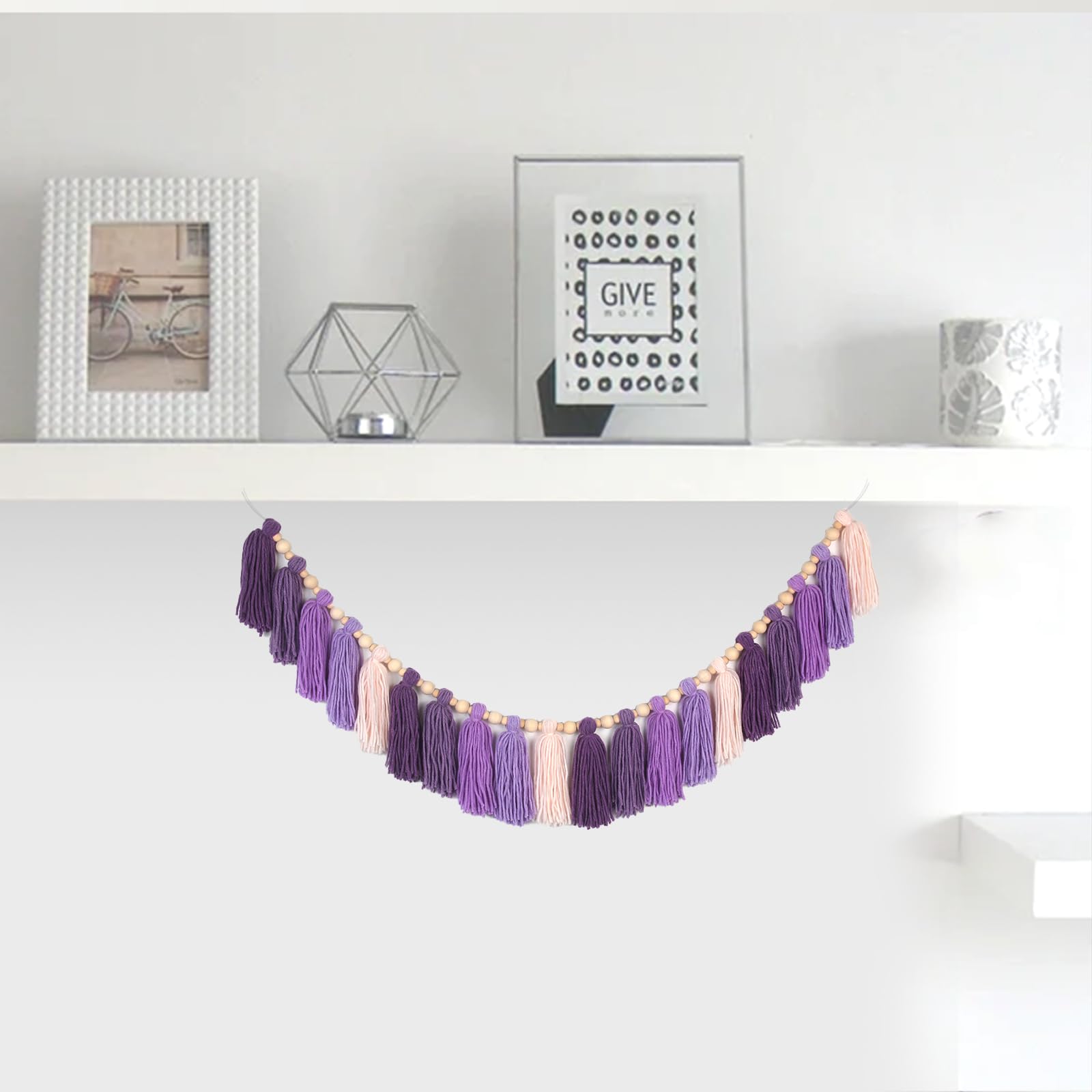GIAUMA Purple Yarn Tassel Garland with Wood Beads Boho Lavender Wall Hanging Bunting Banner Decor for Classroom Kids Dorm Room B