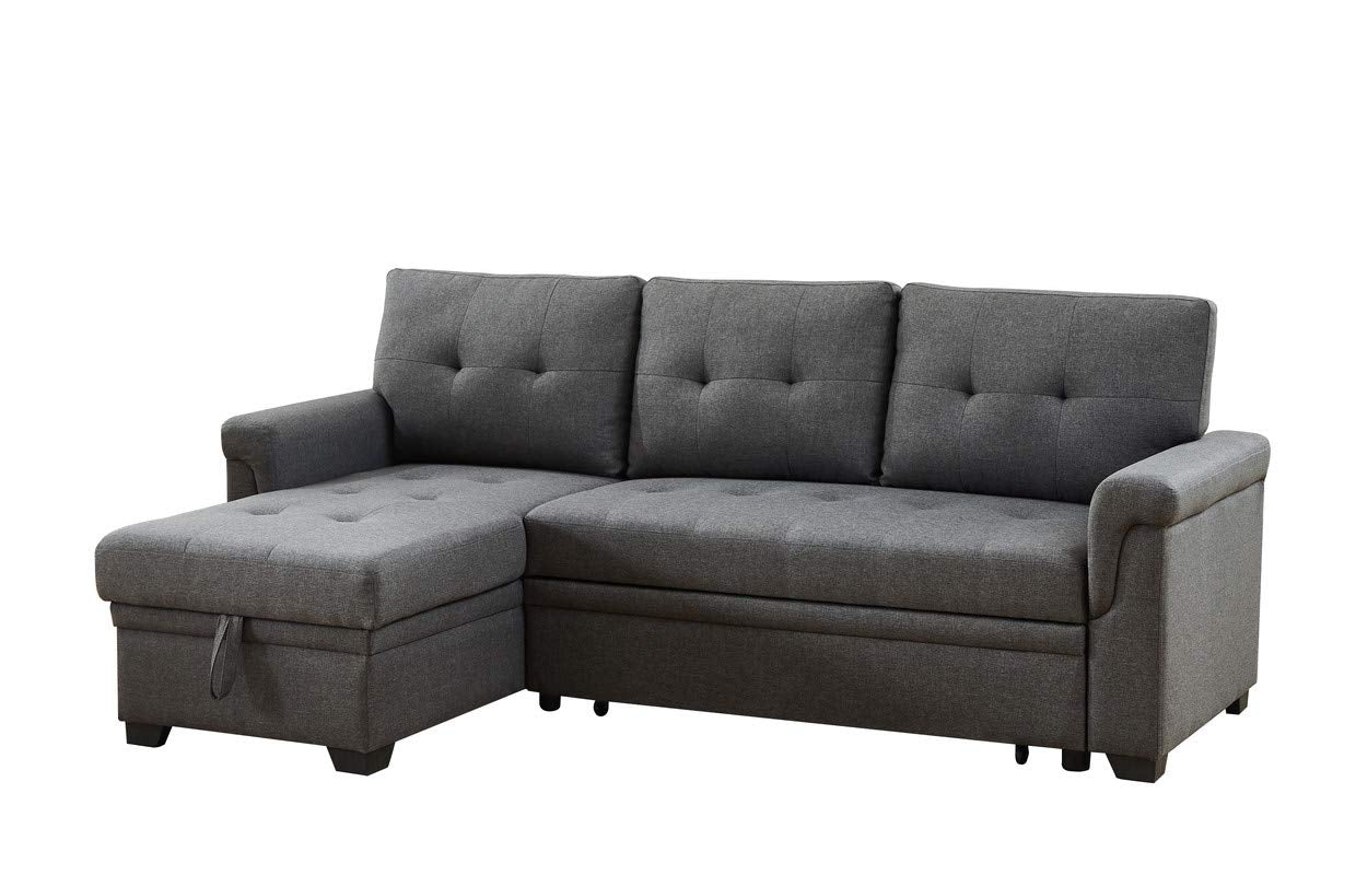 Ritsu LShape Reversible Linen Fabric Sleeper Sectional Sofa With Storage Chaise, Dark Gray Corner Couch With Arms For Living Ro