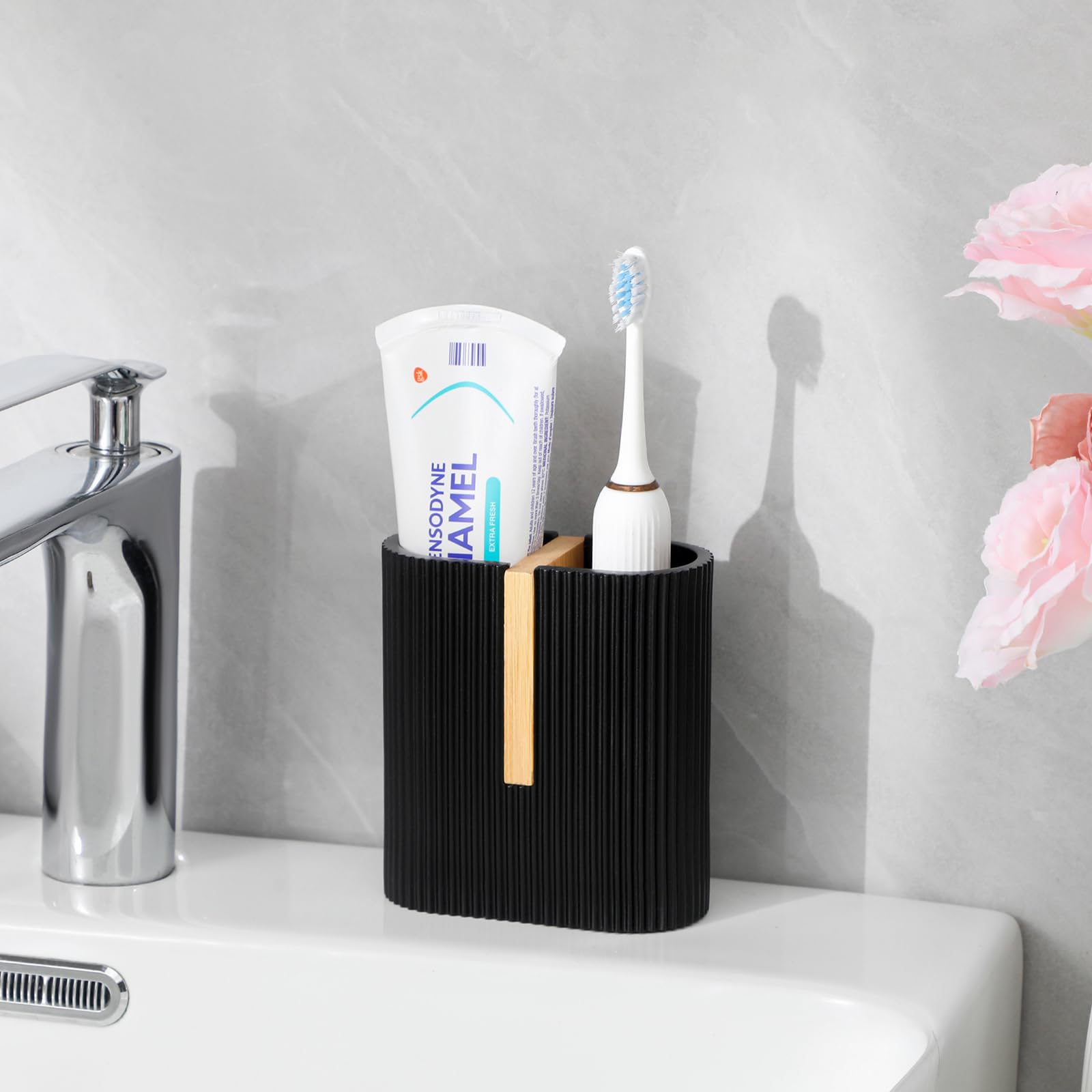 Rejomiik Matte Black Toothbrush Holders Electric Toothbrush Holder For Bathrooms, Bamboo Tooth Brushing And Toothpaste Storage O
