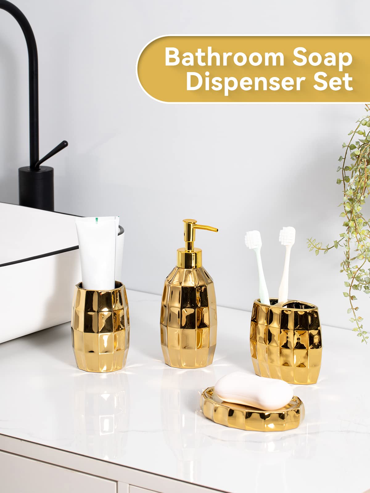 Bathroom Accessories Set, Golden Mosaic Ceramic Bathroom Accessory Sets Include Lotion Dispenser, Toothbrush Holder Tumbler, And