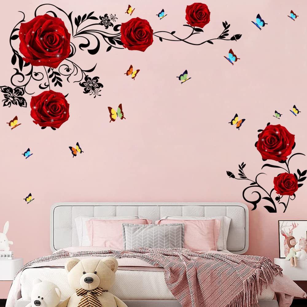 Supzone Red Rose Wall Stickers Rose Flower Vine Wall Decal Red Peony Floral Wall Decor DIY Vinyl Mural Art for Bedroom Living Room Sofa Backdrop TV Wall Decoration