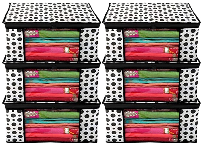 Aaron Inc (Pack Of6) Printed Non Woven Fabric Saree Cover/Clothes Organiser For Wardrobe Set With Transparent Window And Zip Fo