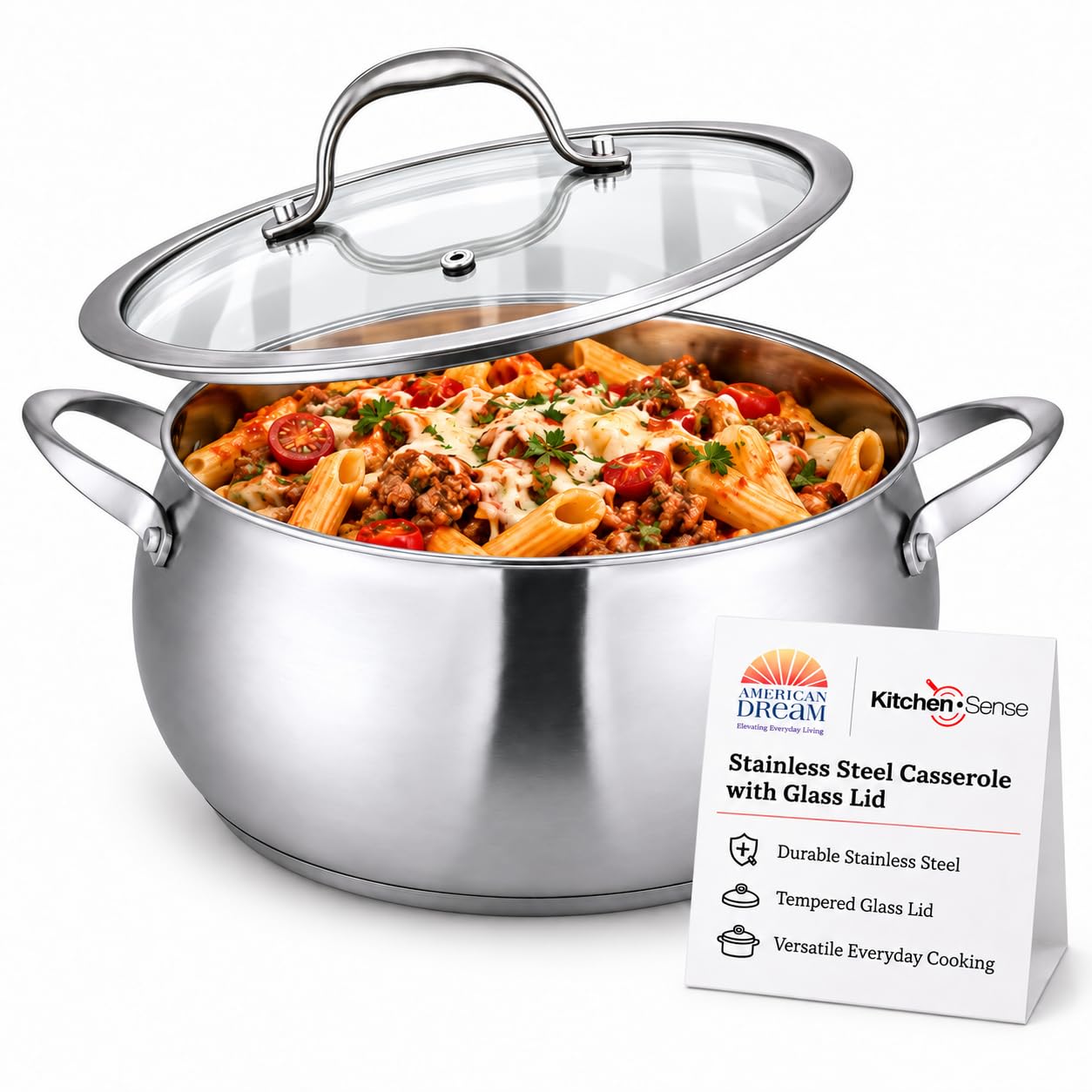 American Dream Stainless Steel 3QT Casserole with Tempered Glass Lid, Durable Cooking & Serving Pot, Food Storage Container for 