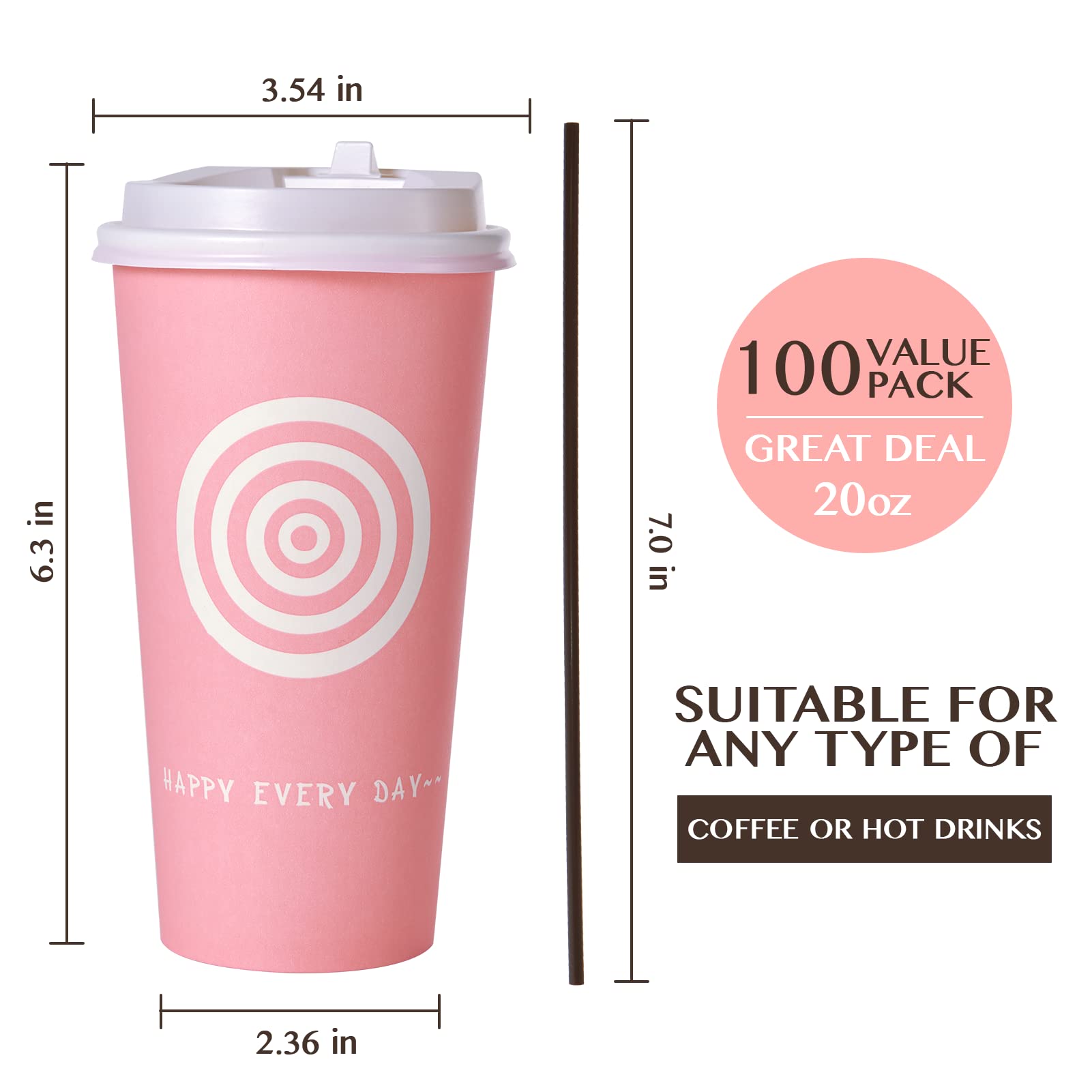 JollyPack 20 oz Paper Cups  100 Pack Disposable Coffee Cups with Lids and Stirrers  Hot Paper Cups for Cold/Hot Coffee  Juice  Tea. To Go Coffee Cups for Home  Store and Cafe (Pink and Green)