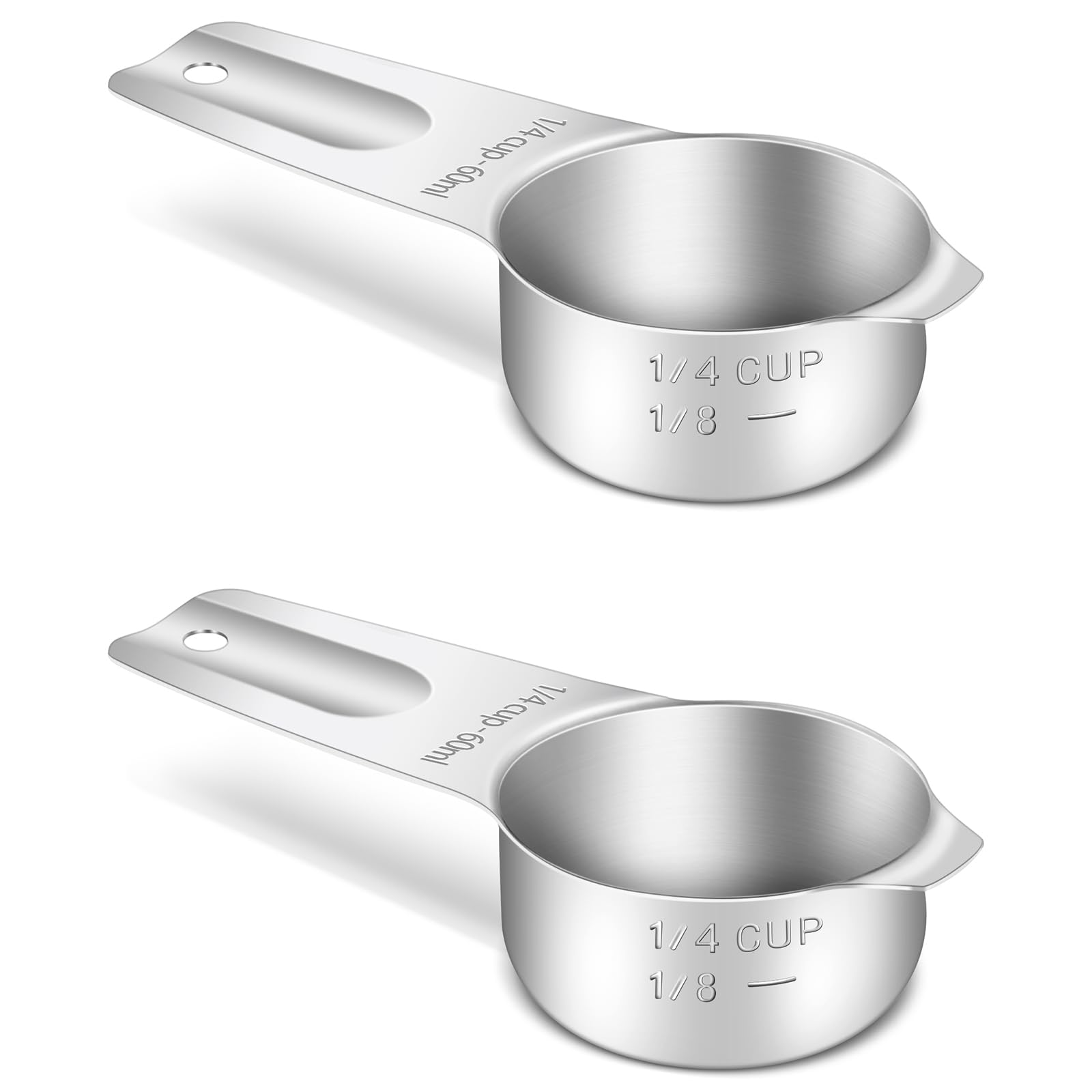BERYLER 2PCS 1/4Cup (60ml, 2oz) Single Measuring Cup, Stainless Steel Measure Scoop, Metric and US Measurement, Heavy Duty, Dish