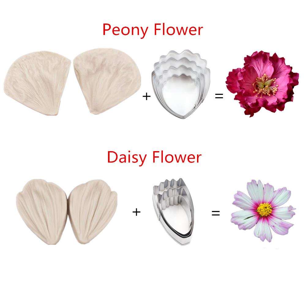 Gum Paste Flowers And Leaves Fondant Tools Kit-4Set Gumpaste Flower Cutter 4Set Fondant Flower Silicone Molds 1 Veining Board 1