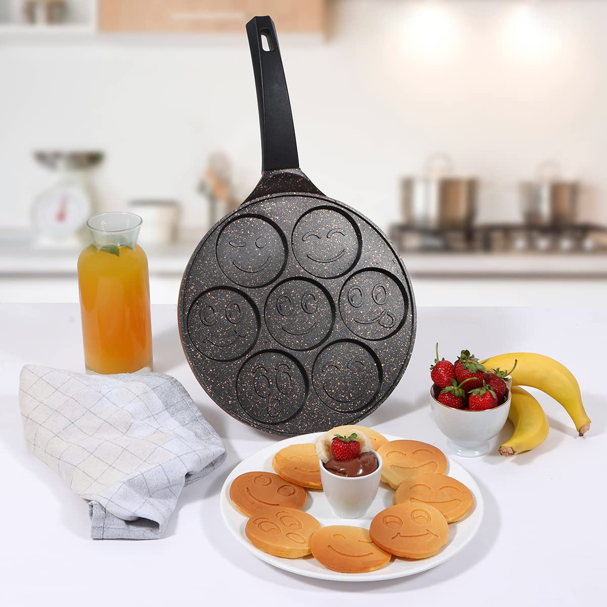 Serenk Fun Cooking Smile Mini Pancakes Maker, Nonstick Bakeware, Always Pan For Frying Eggs, 7 Emoji Faces, Pancake Molds For Ki