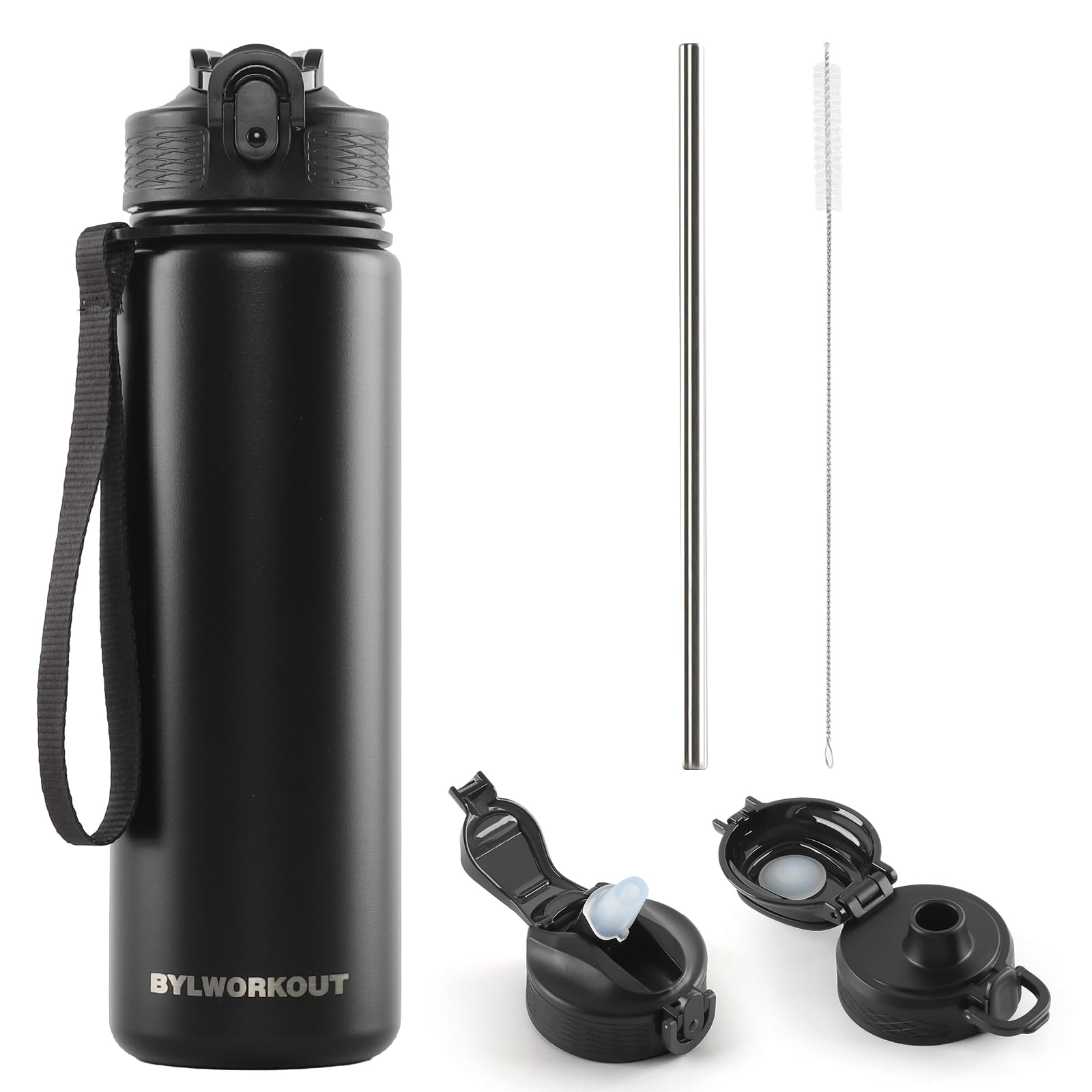 BYLWORKOUT 24 oz Insulated Water Bottle with Straw, 2 Lids, Leakproof