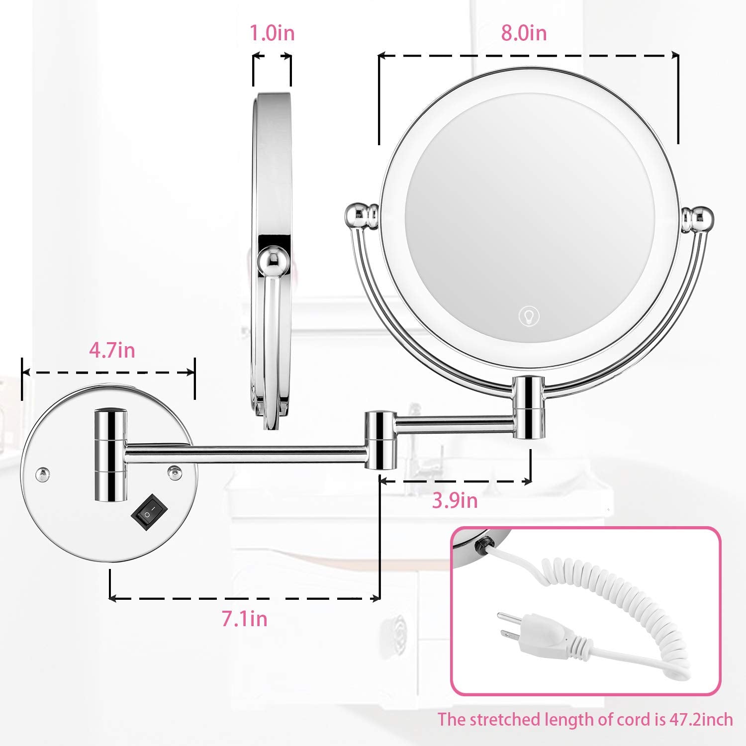 Amznevo Wall Mounted Lighted Makeup Mirror, 8 Inch Double-Sided 1X 5X Magnifying Mirror For Bathroom, 11'' Extendable Arm, 360 S
