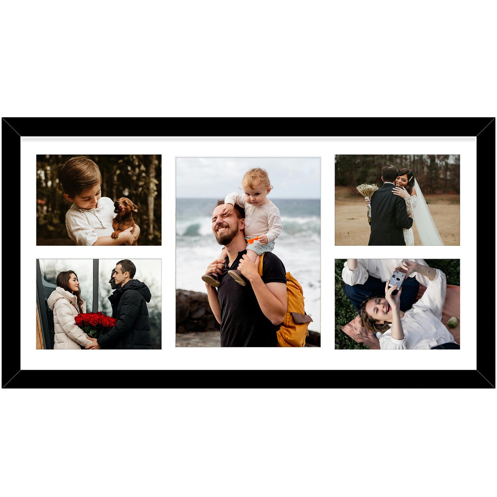 Golden State Art, 12x24 Black Wood Picture Frame - White Mat for 8x10 and 5x7 Photos - Real Glass, Sawtooth Hanger, Swivel Tabs 