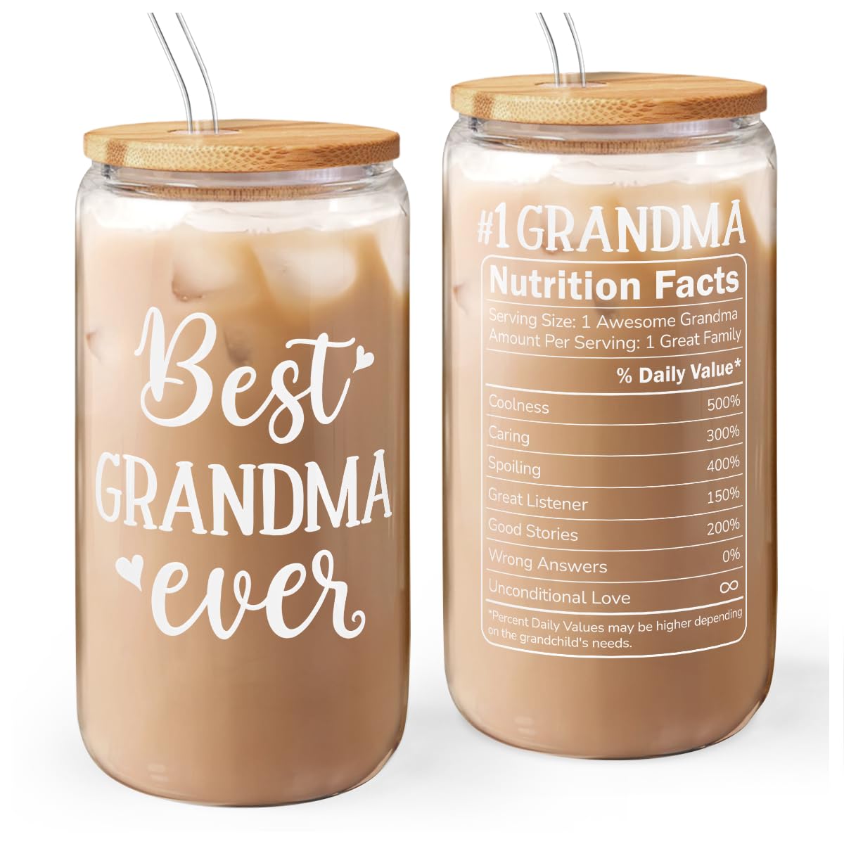 Grandma 16 Oz Can Glass Tumbler with Bamboo Lid and Straw - Iced Coffee Cups for Women, Aesthetic Glass Cup Gift for Grandmother