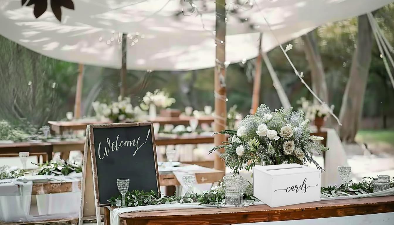 Heather & Willow Wooden Wedding Card Box with Slot - Rustic Decorations for Reception, Gifts & Money - White Lid for Baby Shower