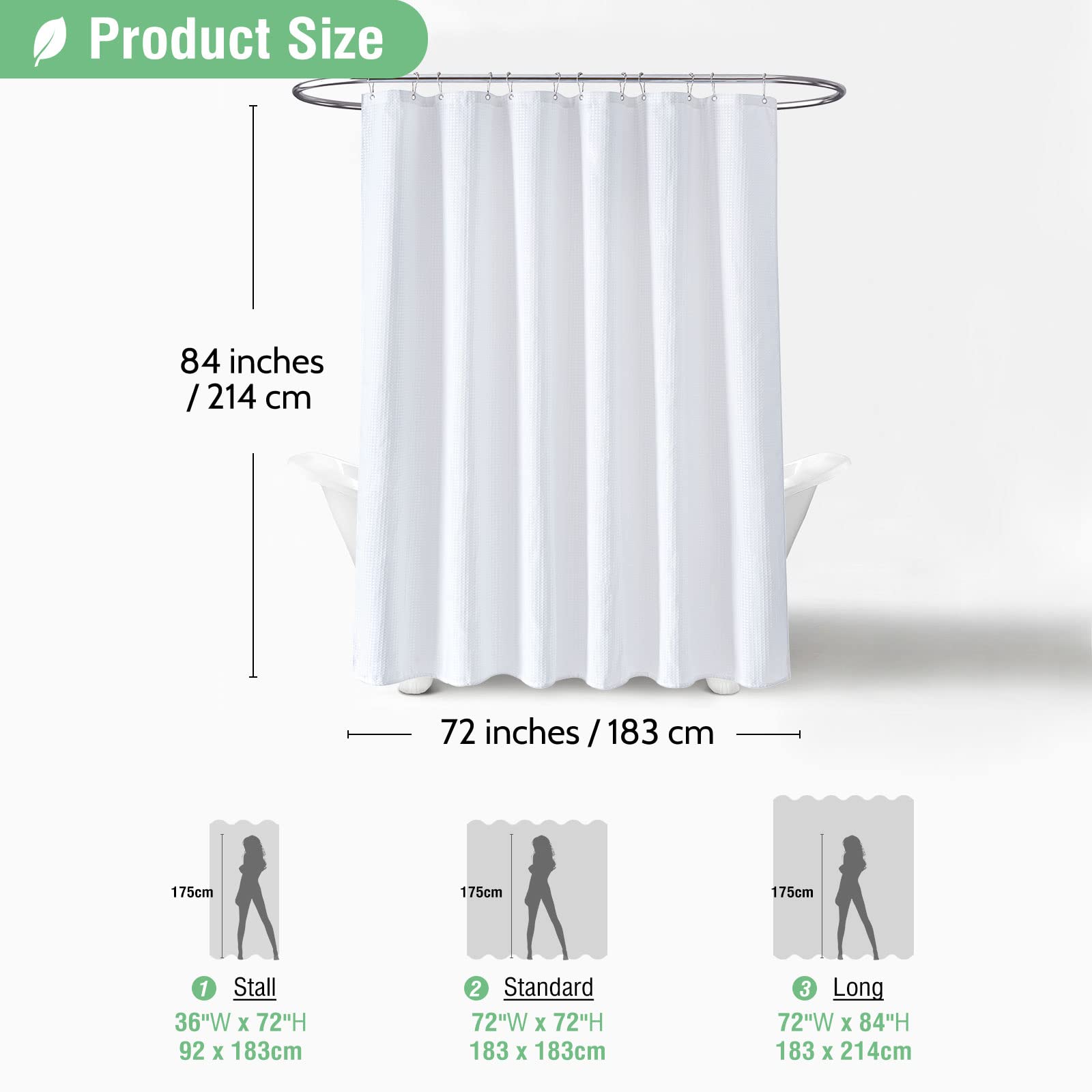 Dynamene Extra Long Shower Curtain - Waffle Weave Fabric, 84" x 72", Heavy Duty, White, Includes 12 Plastic Hooks
