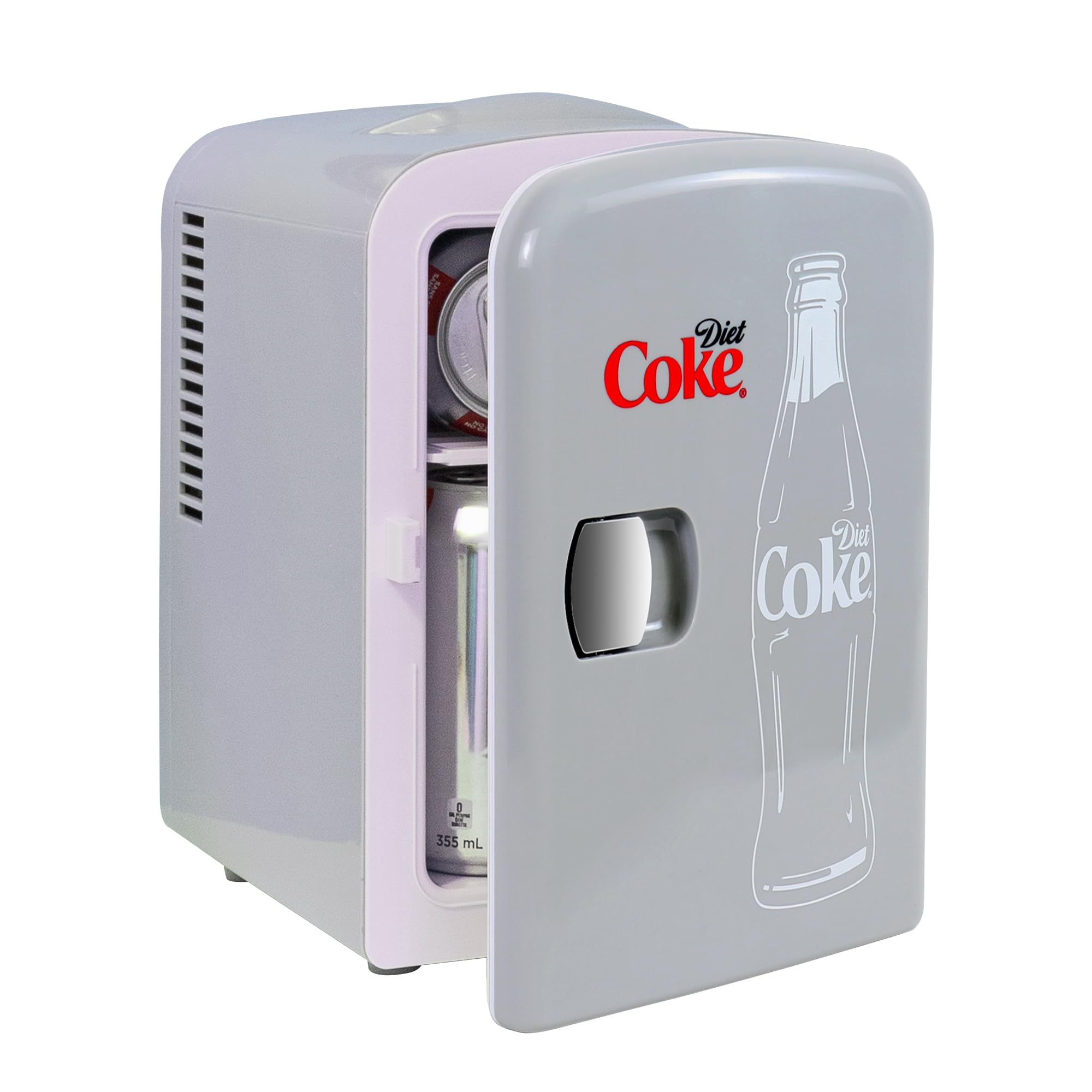 Coca-Cola Diet Coke 4L Cooler/Warmer w/ 12V DC and 110V AC Cords  6 Can Portable Mini Fridge  Personal Travel Refrigerator for Snacks Lunch Drinks Cosmetics  Desk Home Office Dorm  Gray