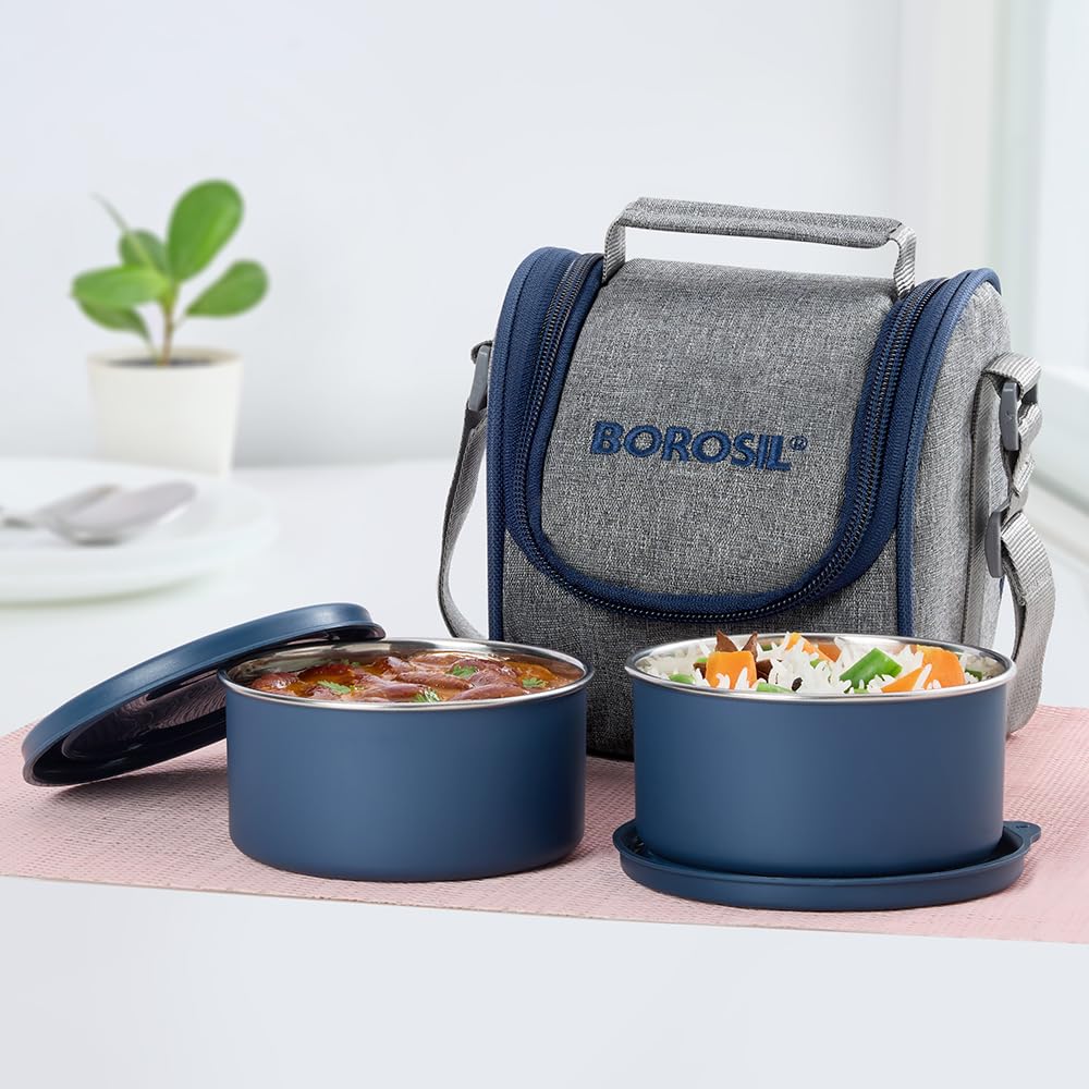 Borosil Carrymore Microwavable Stainless Steel Lunchbox With Bag | 300Ml X 2 Pc Round Container Set | Tiffin With Food Grade Ste