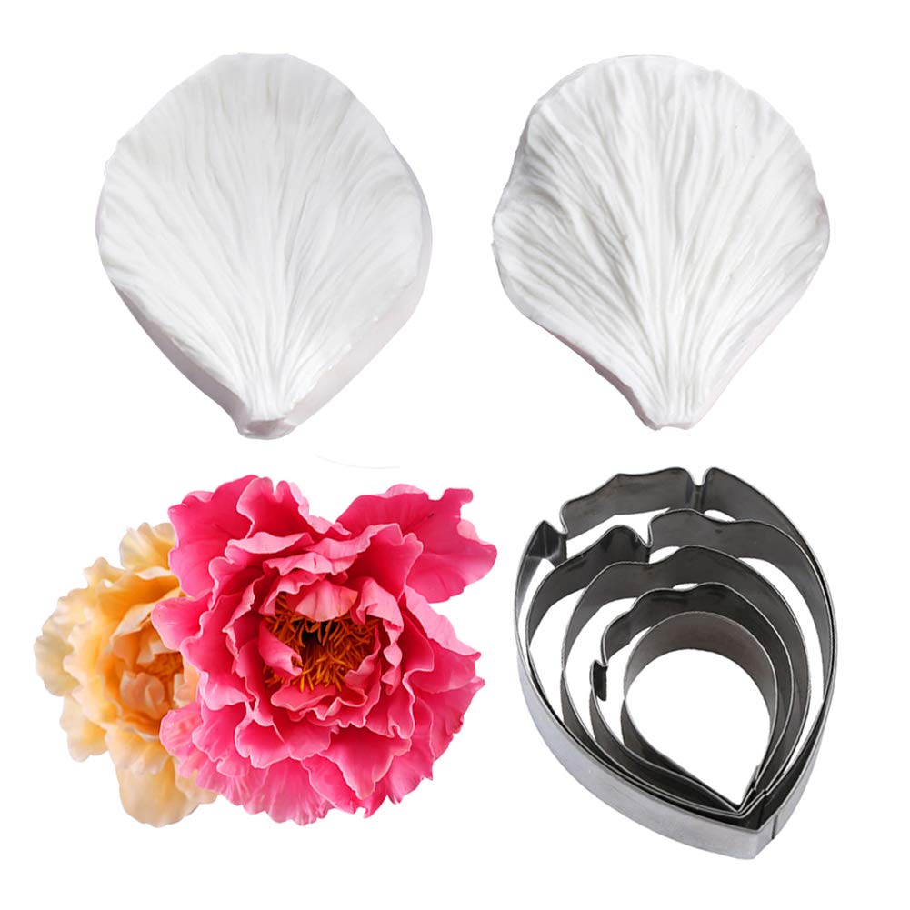 Kalaien 5Pcs Stainless Steel Peony Cutter 2Pcs Fondant Silicone Mold Gumpaste Peony Sugarcraft Flower Veining Mold Veiner Petal
