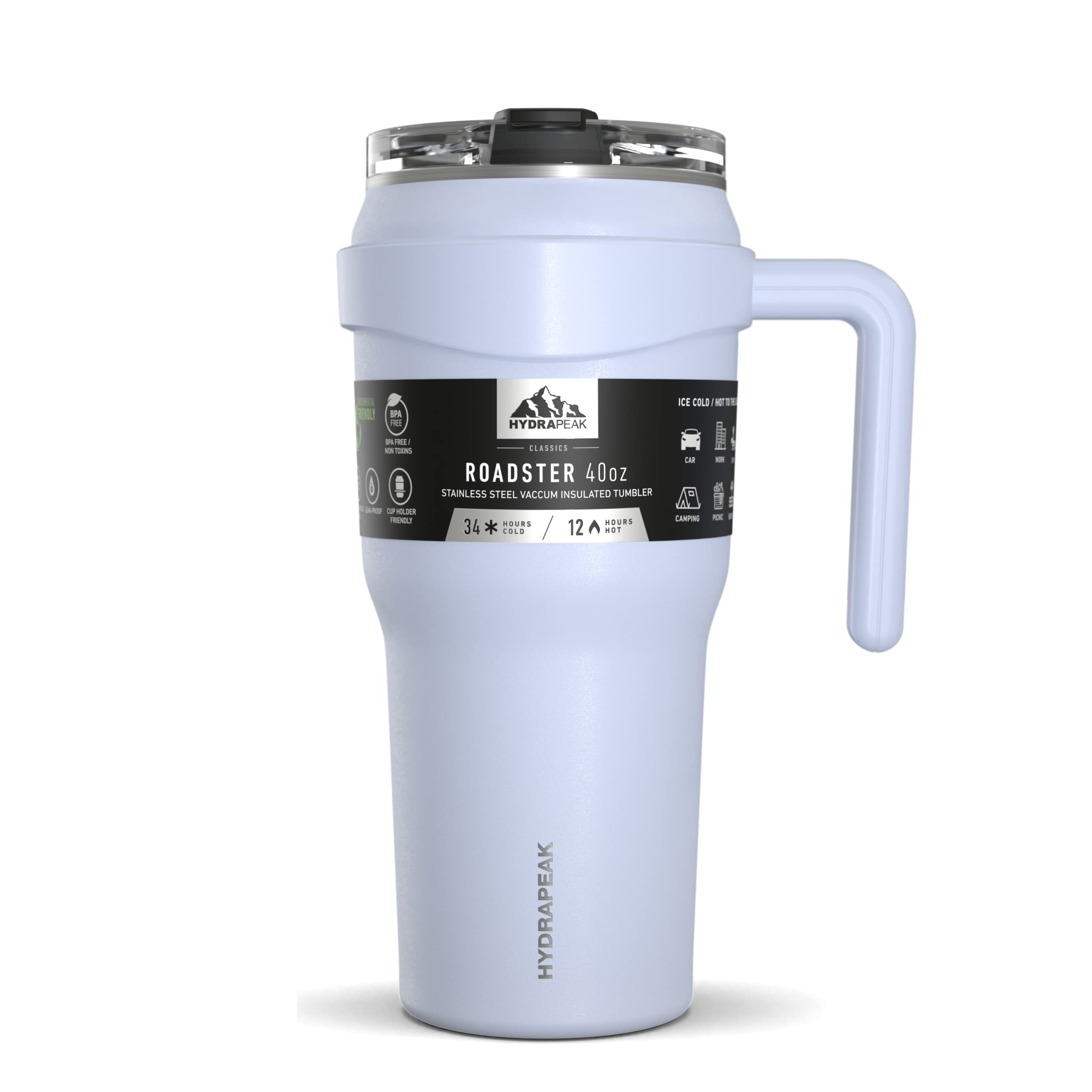 Hydrapeak Roadster 40Oz Stainless Steel Tumbler Double Wall Vacuum Insulated Water Bottle With Handle And 2 In 1 Straw Lid (Ice)