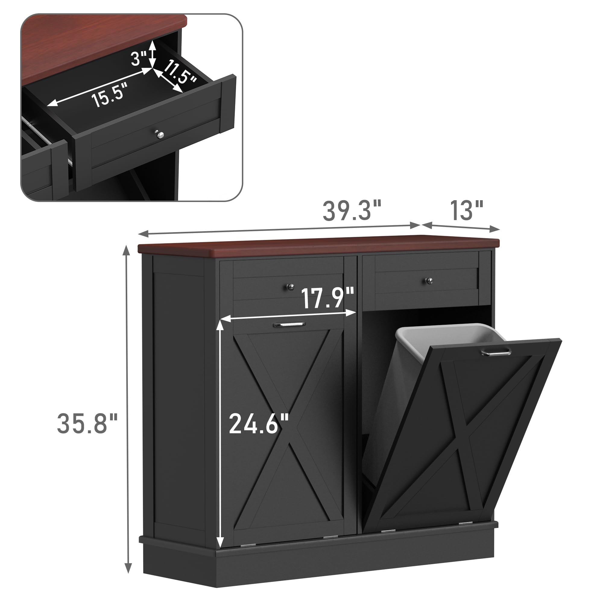 TOLEAD Double Tilt Out Trash Can Cabinet, Black Wood with Barn Door, Pet Proof, Odor Blocking, Farmhouse Style
