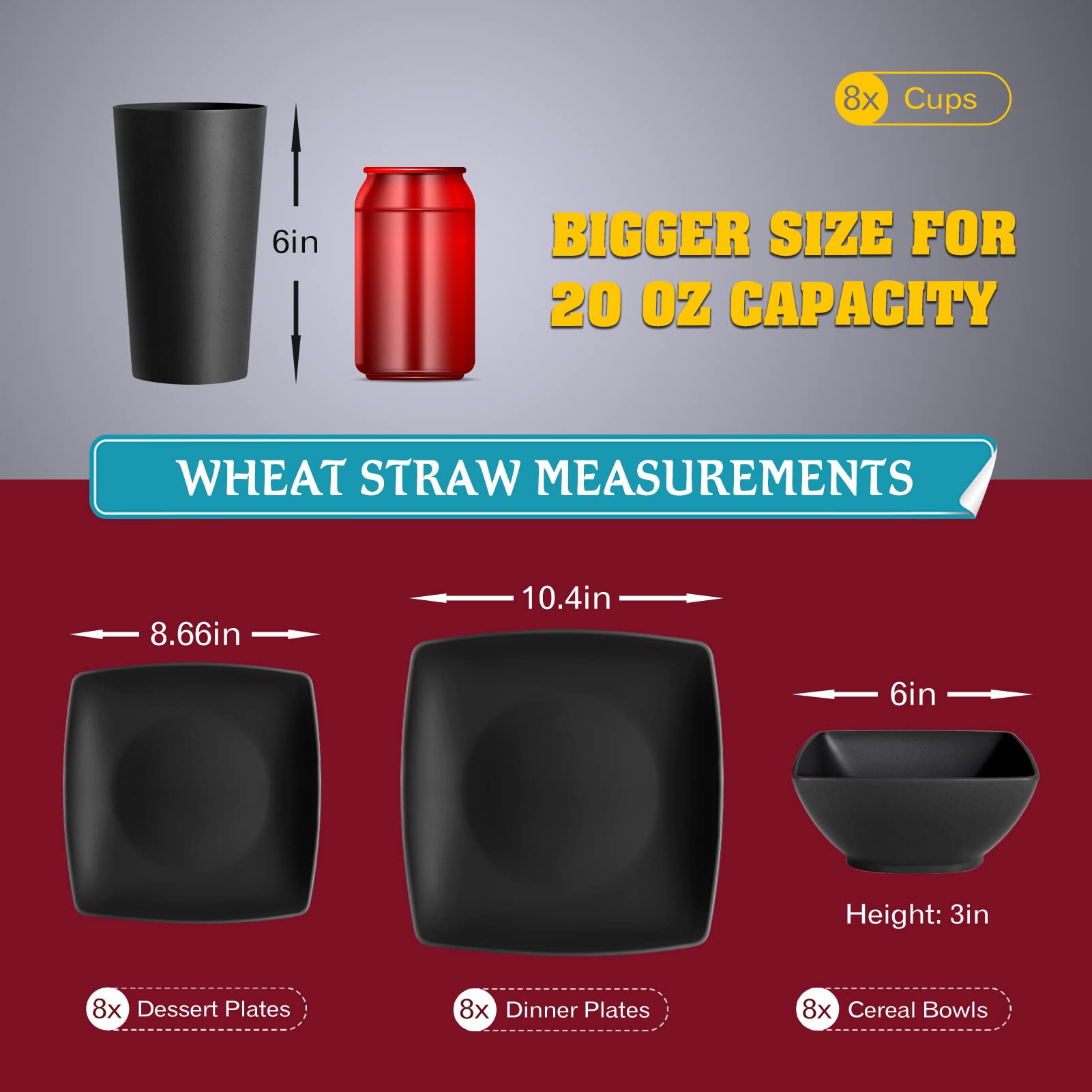 Teivio 32-Piece Plastic Wheat Straw Square Dinnerware Set For 8, Unbreakable Dinner Plates, Salad Plates, Snack Bowls, Tumblers