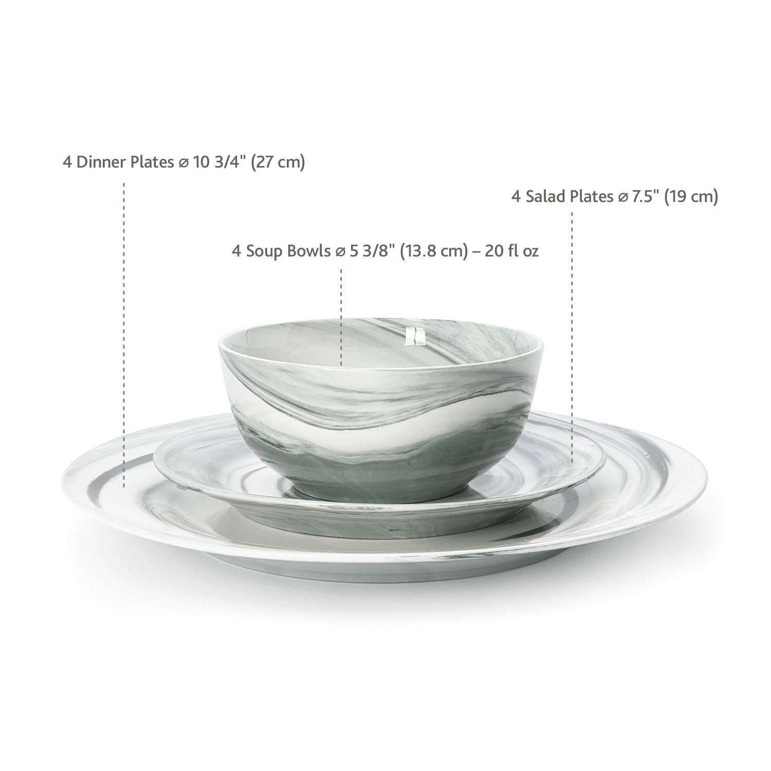 Divitis Home Fusion Porcelain Dinnerware Set 12 Piece, Black Round Plates (Soup Bowls, Dinner Plates, Salad Plates), Dish Set, D