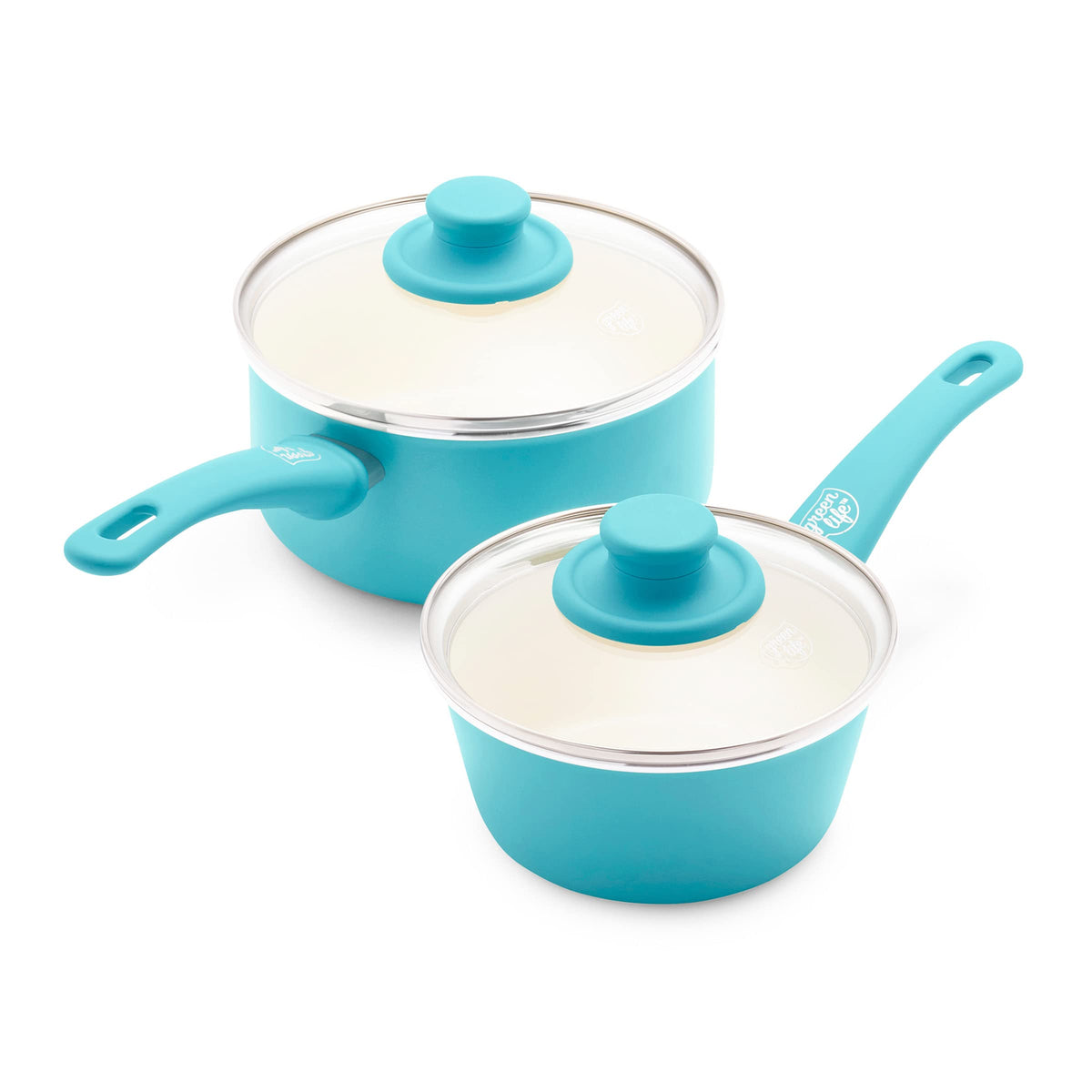 Greenlife Soft Grip Healthy Ceramic Nonstick, 1Qt And 2Qt Saucepan Pot Set With Lids, Pfas-Free, Dishwasher Safe, Caribbean Blue