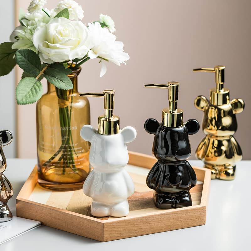 Small Bathroom Soap Dispenser With Pump, Cute Bear-Shaped Design, Ceramic Liquid Soap Dispenser (Black)