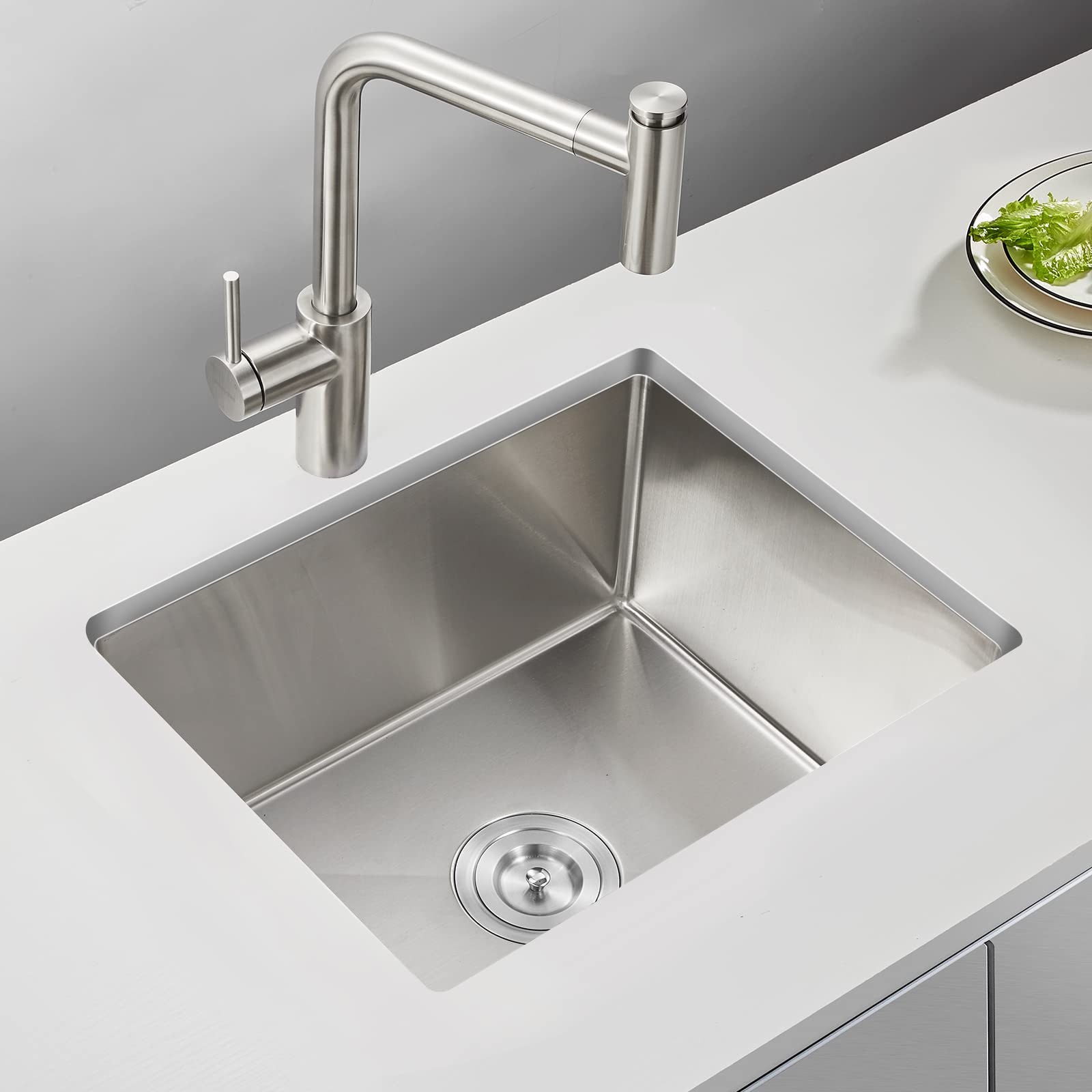 MENATT 20-inch Undermount Kitchen Sink  SUS304 Stainless Steel Handmade Single Bowl Kitchen Sink with Sink Strainer (Brushed)  20''x16''x9''