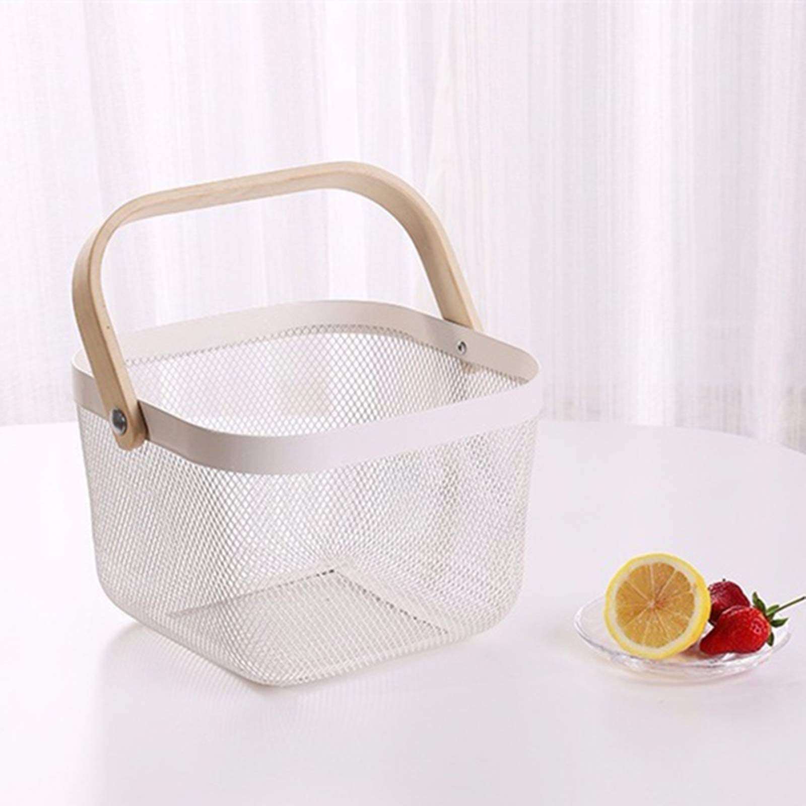 Yopay Mesh Steel Fruit Basket Bin With Wood Handle, White Hanging Storage Organizer, Farmhouse Harvest Gardening Basket For Cabi