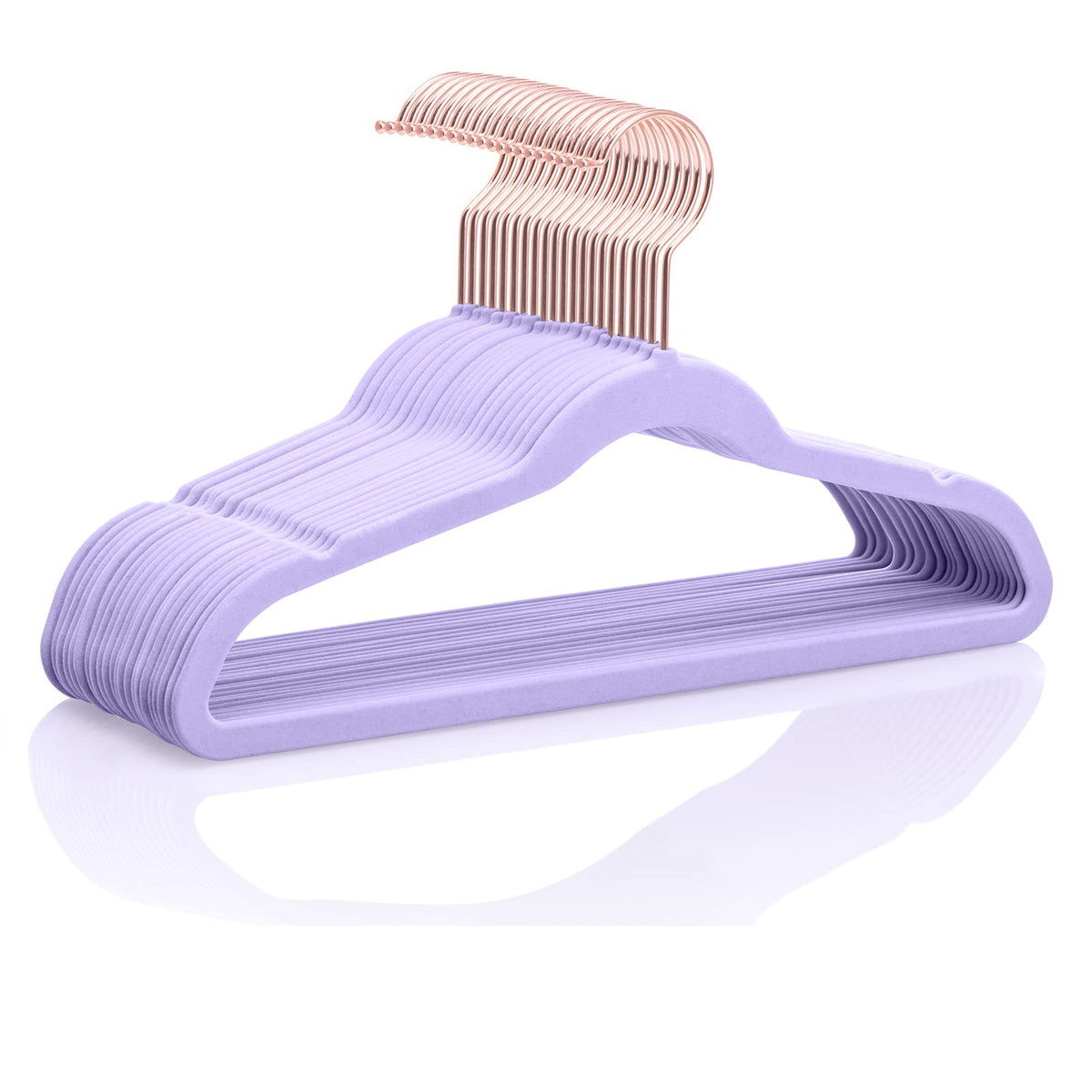 Mizgi Premium Kids Velvet Hangers 50 Pack 14'' Inch Light Purple Rose Gold Hooks,Space Saving,Nonslip Huggable Hangers For Petit