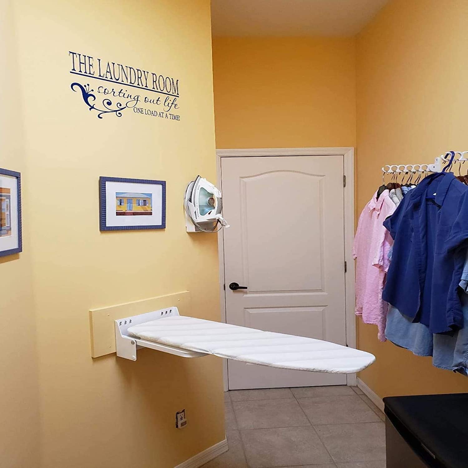 uyoyous Heavy Duty Ironing Board 37''x13'' Extreme Stability Wall Mount Ironing Board Professional Space Saving Folding Ironing Board with Heat Resistant Cover for Home Laundry Room Dorm White&Grey