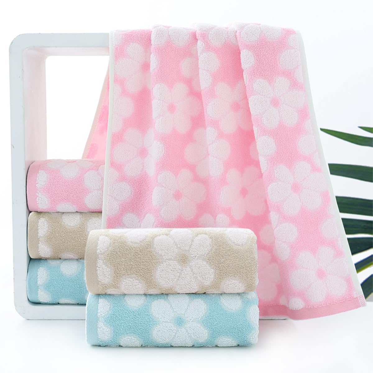 Pidada Hand Towels Set Of 4 Floral Pattern 100% Cotton Soft Absorbent Decorative Towel For Bathroom (Brown)