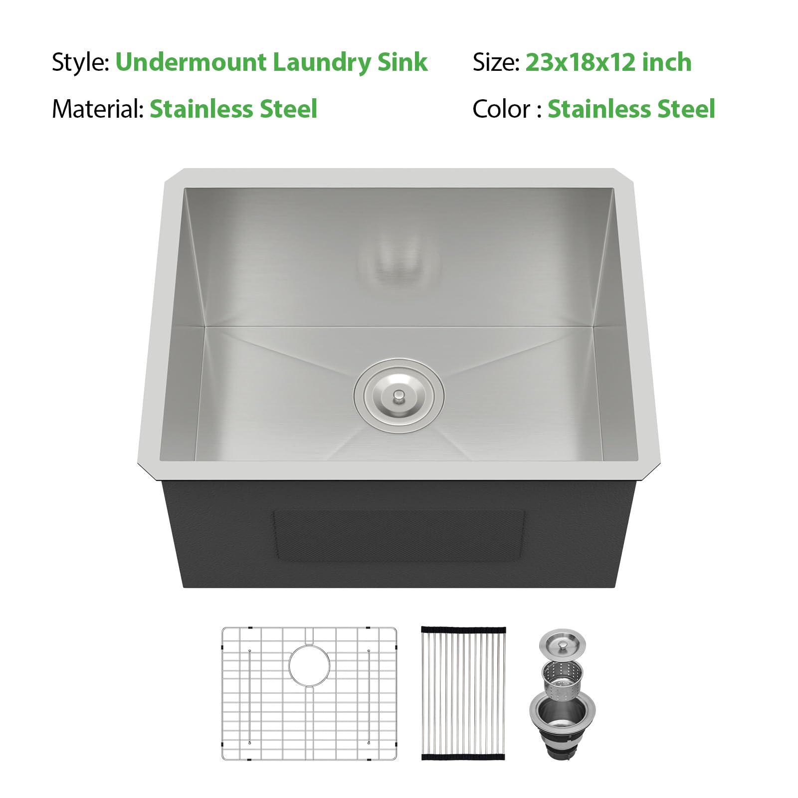Couoko 23 Inch Undermount Laundry Sink 16 Gauge Stainless Steel 12 Inch Deep Single Bowl Under Counter Handmade Utility Outdoor