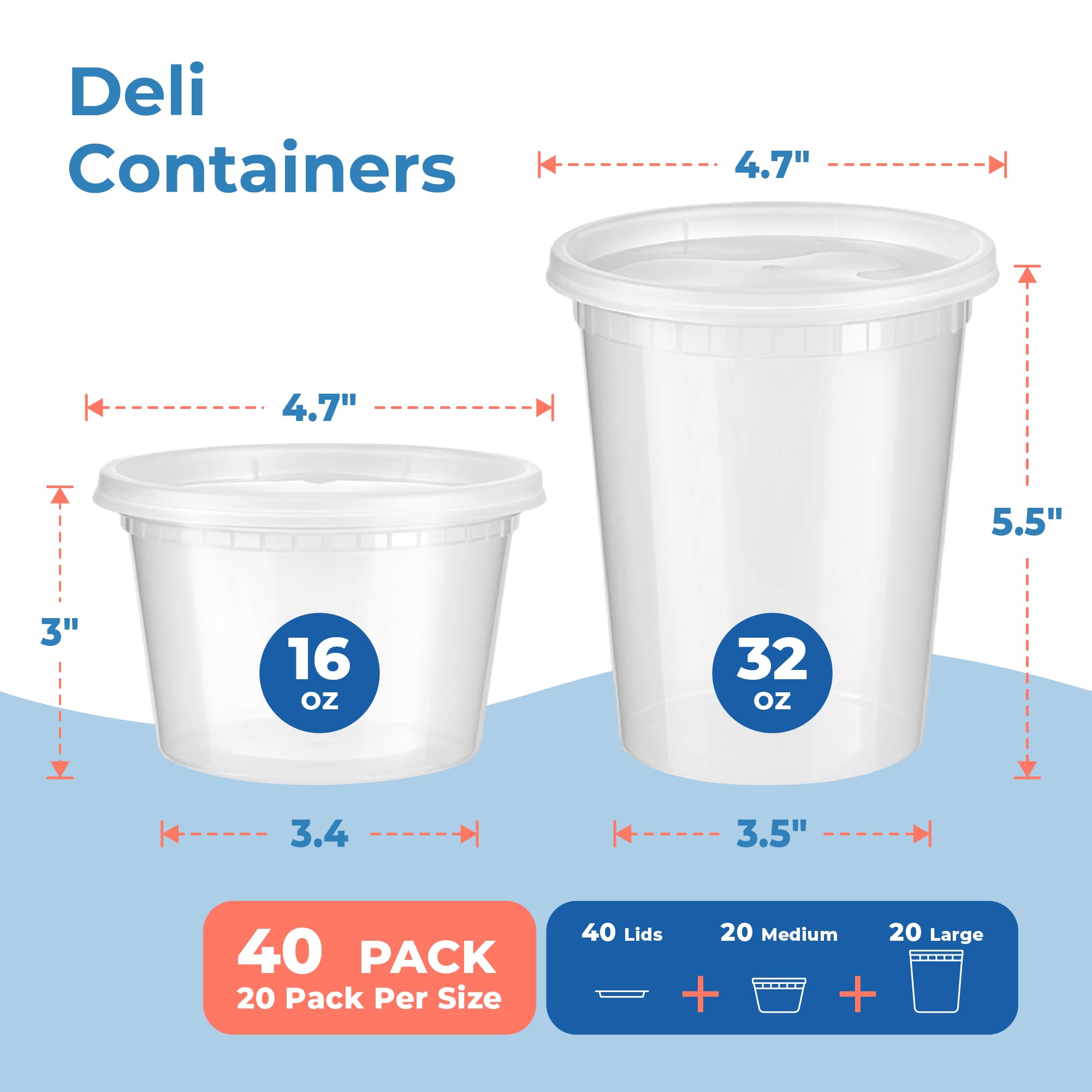 Fit Meal Prep 40 Pack 16 32 Oz Deli Containers With Lids Variety Pack, Us Made Leakproof Assorted Plastic Soup Container, Combo