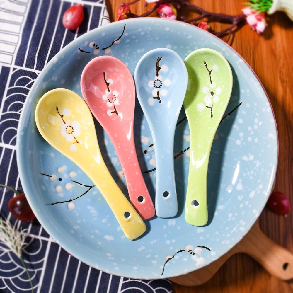 Japanese Soup Spoons Set Of 4, Coloured Plum Spoons For Soup Snack Cream