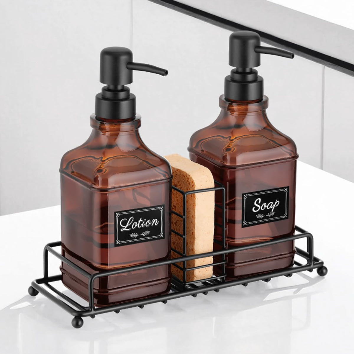Hand And Dish Soap Dispenser Set, Kitchen Soap Dispenser Set With Tray, 2 Pack Thick Glass Soap And Lotion Dispenser For Kitchen