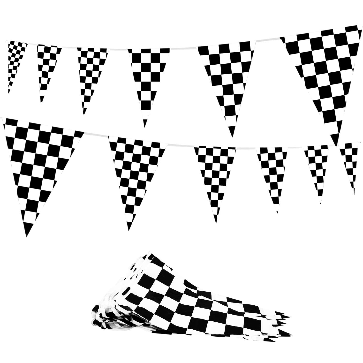 Novelty Place 100Ft Checkered Flag Pennant Banner - 48Pcs Black And White Plastic Racing Flag Banners(12'' X 18'') For Kids Spor