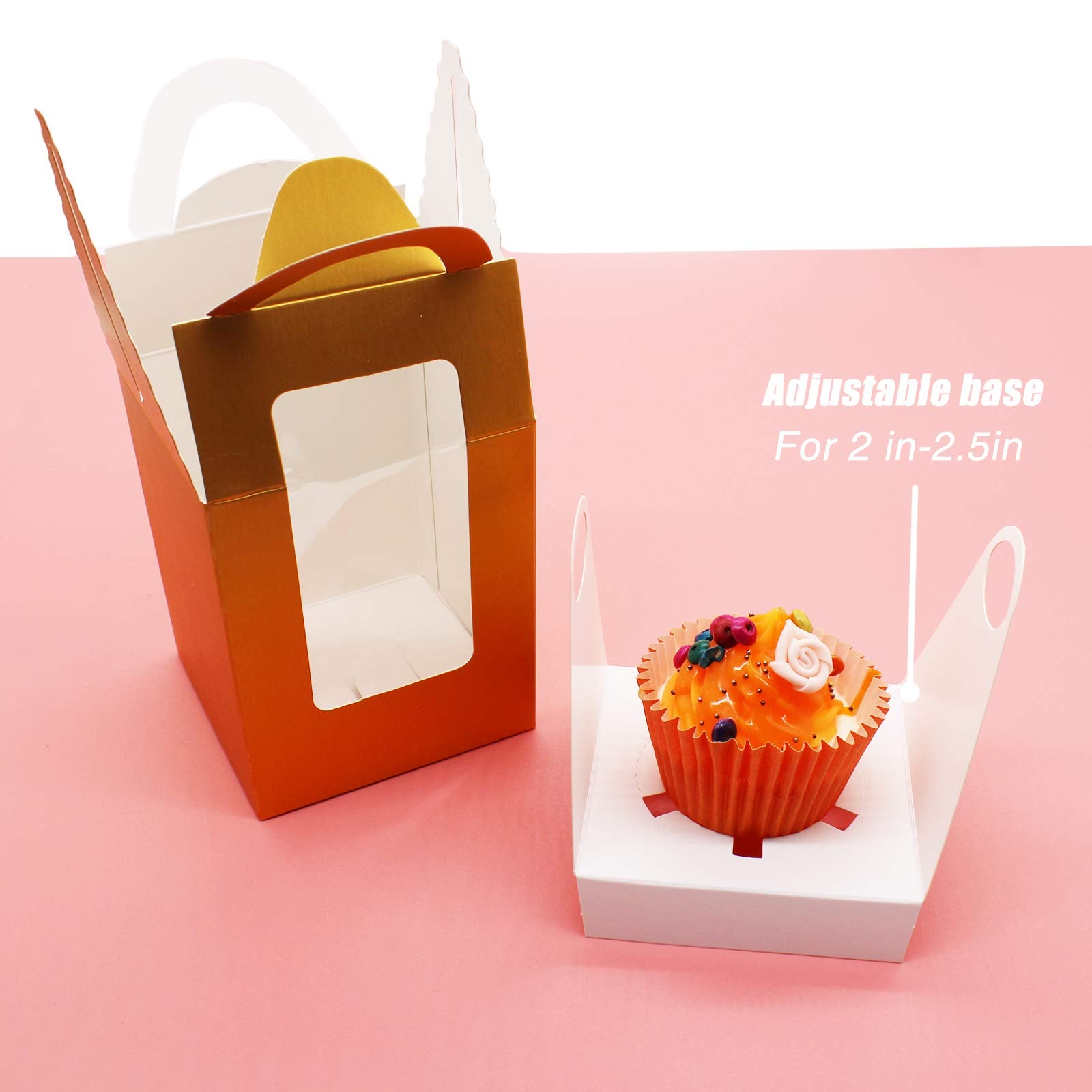 50 Pcs Gold Paper Cupcakes Boxes,Portable Single Individual Cupcake Gift Boxes With Window Inserts Handle For Wedding Candy Boxe