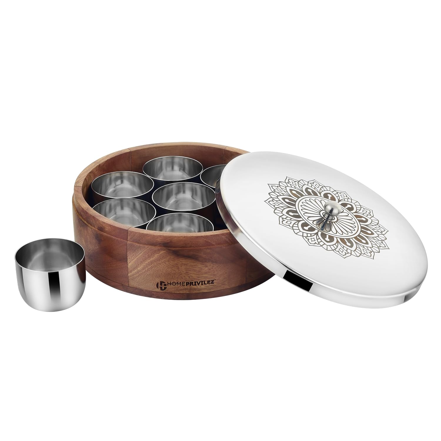 Aksh Masala Box/Spice Box/Storage/Organiser/Anjarai Peti For Kitchen (Dia9 Inch) (Silver) | Or | BhaktiPvd Gold Double Wall St