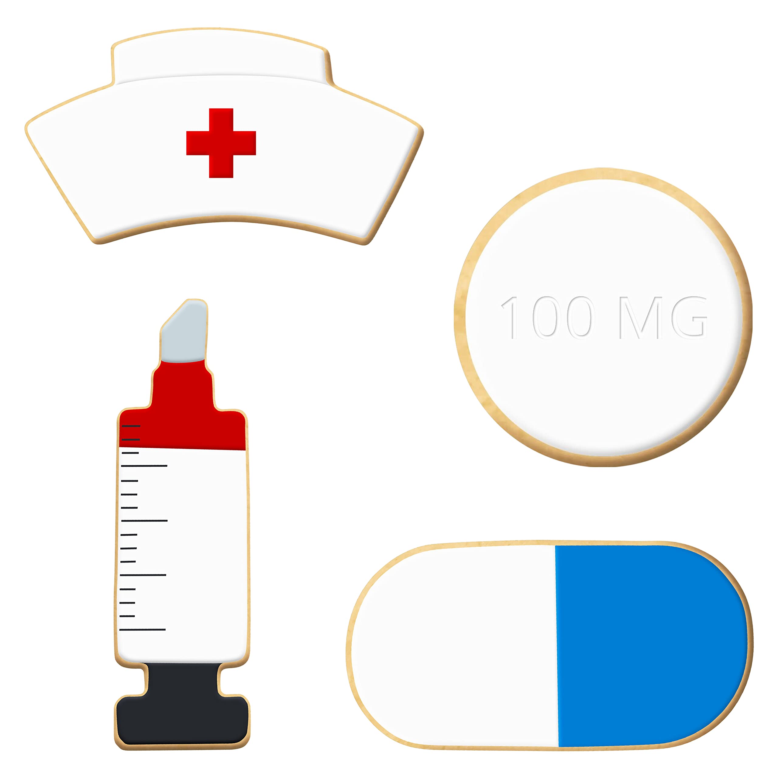 Foose Cookie Cutters 4 Piece Nurse Cookie Cutter Set Hat, Syringe, Circle Pill, Oval Tablet, Usa