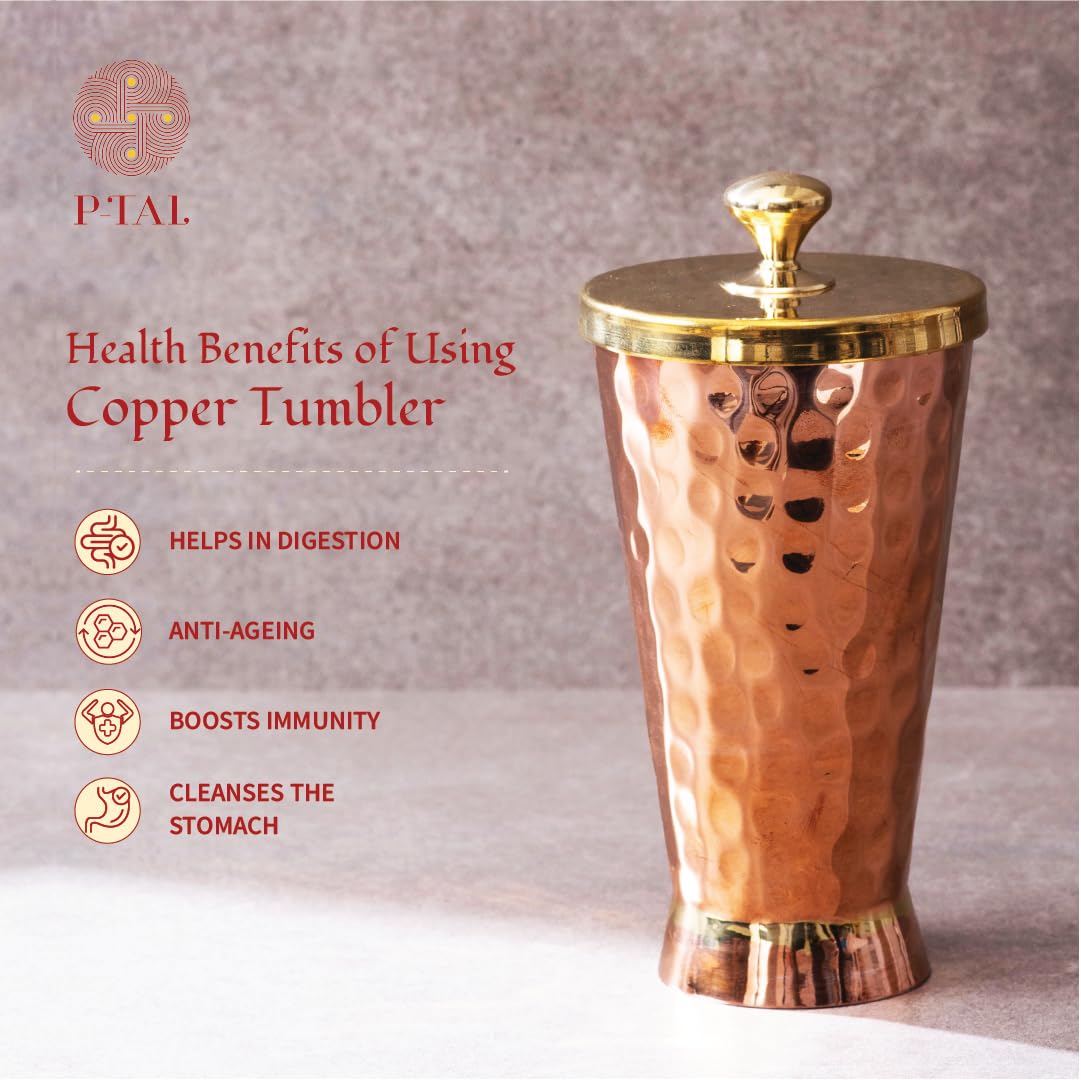 P-Tal Copper Mint Julep Cup With Lid, Water Tumbler, Drinkware, Made Of Pure Copper, Ayurvedic Health Benefits, Break Resistant