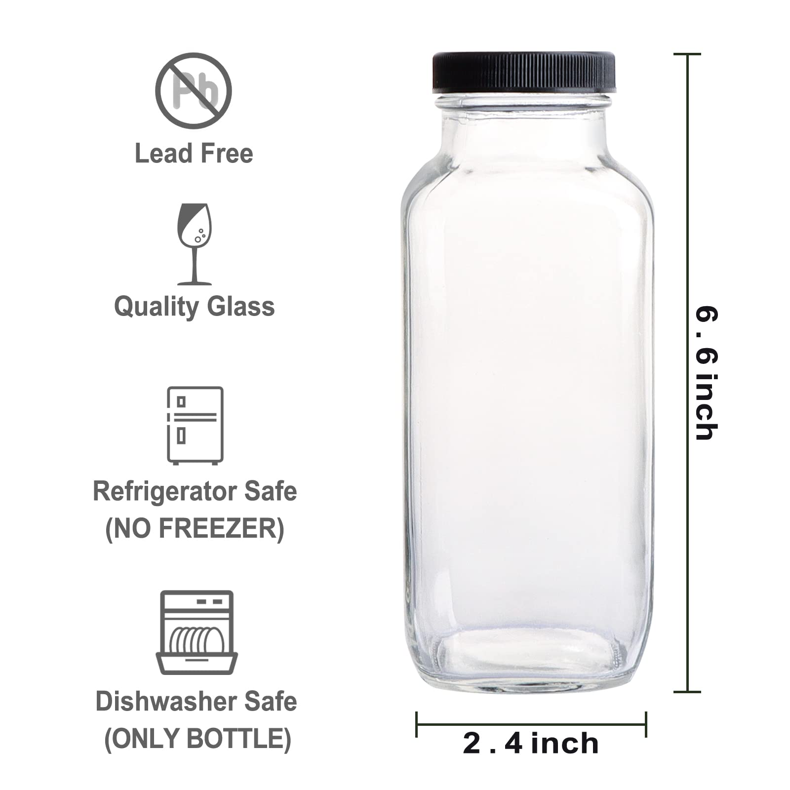 Hingwah 16 Oz Glass Drink Bottles, Set Of 12 Vintage Glass Water Bottles With Lids, Great For Storing Juices, Milk, Beverages, K